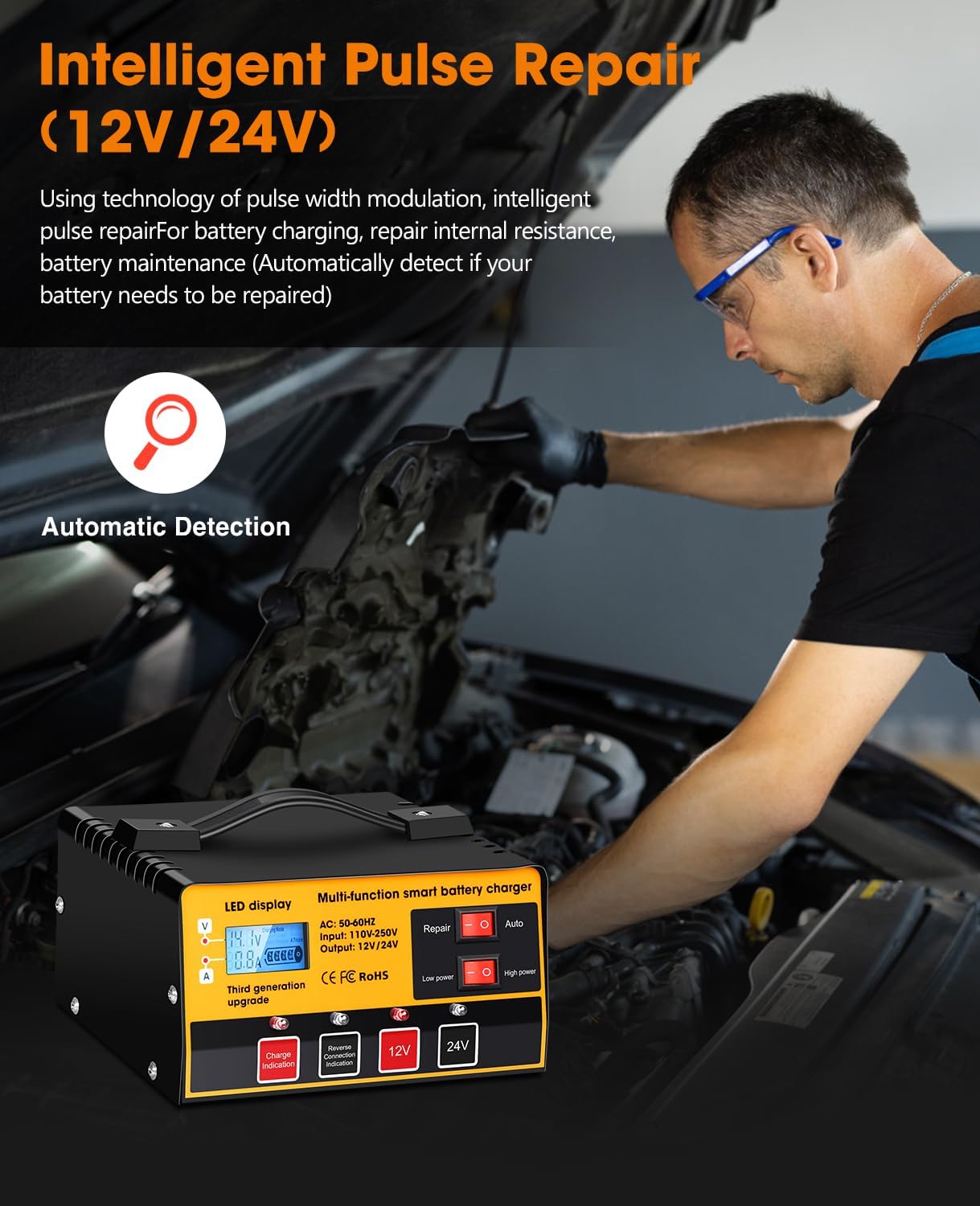 Outerman Car Battery Charger,12V-12A/24V-8.5AMH Smart Automatic Battery Charger,High/Low Power Trickle Charger Battery Maintainer and Desulfator,for Motorcycle Lawn Mower Marine Lead Acid Batteries