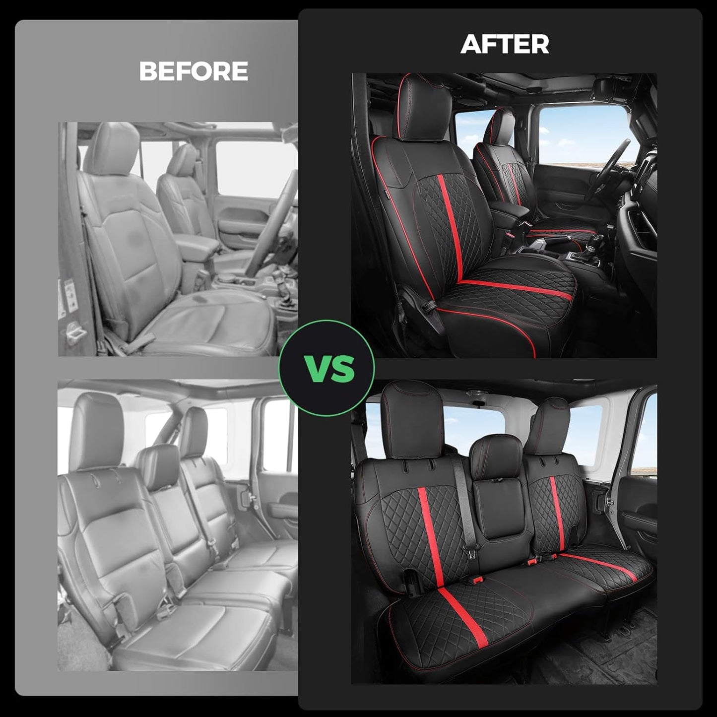 for Jeep Wrangler Seat Covers 4Door JL 2018 2019 2020 2021 2022 2023 2024 2025, Custom Car Seat Cover Full Set, Luxury Waterproof Leather Seat Protectors, Black Red Trim, With Rear Cup Holder