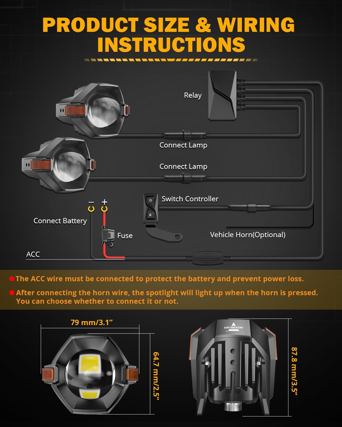 Auxbeam Motorcycle LED Fog Lights Auxiliary Lights Driving Light Spotlights 8 Modes White/Amber Dual Color Strobe Switchback 3 Inch 60W LED Offroad Work Light for Motorcycle ATV UTV Trucks - 2Pcs