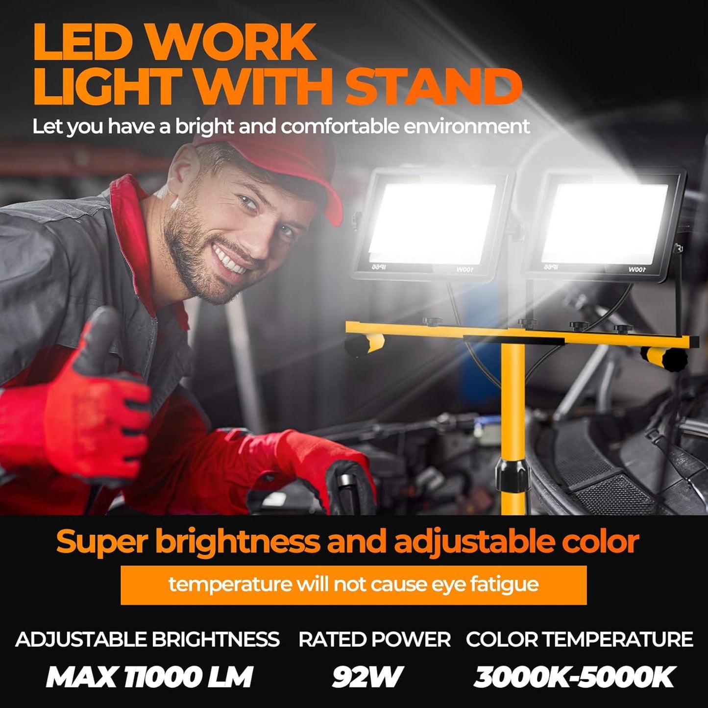 Work Lights with Stand, 2 Adjustable Head LED Work Light,Foldable Tripod Stand and Portable Removable Led Construction Lights with Individual Switch with 6500 Kelvin Color