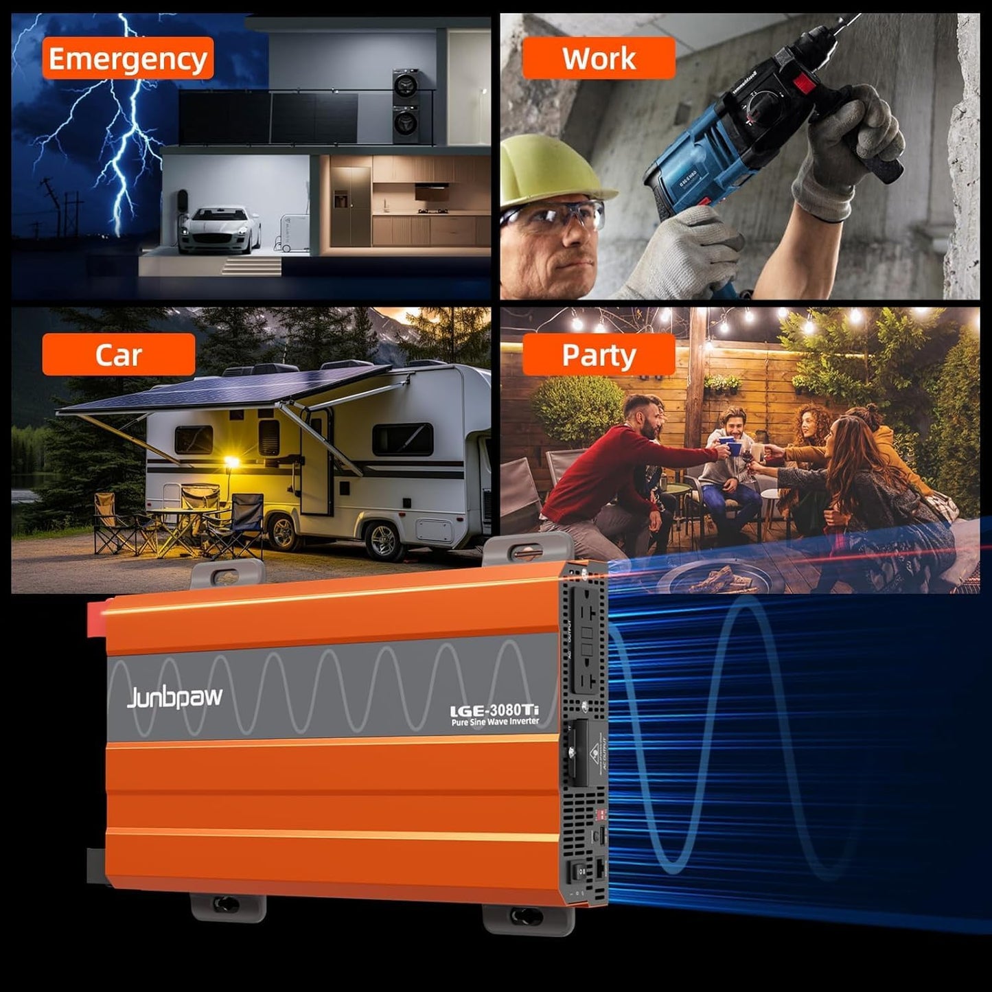 3080W Pure Sine Wave Inverter, 24V DC to 110V/120V AC, 9000W Peak, 5V/2.1A USB, Quiet Fan, Capacitor, Off-Grid Solar Power for RV, Camping, Emergency, Truck (LGE-24-3080TI)