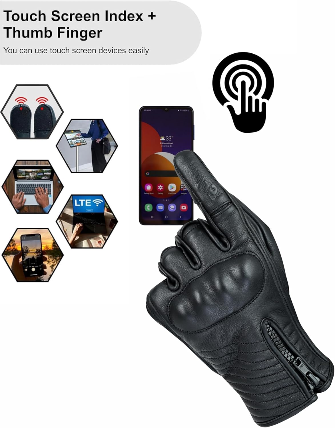 Full Finger Leather Motorcycle Gloves for Men & Women Touch Screen Gloves Premium Street Motorcycle Durable Protective Cruiser Biker Gel Leather Motorbike Gloves