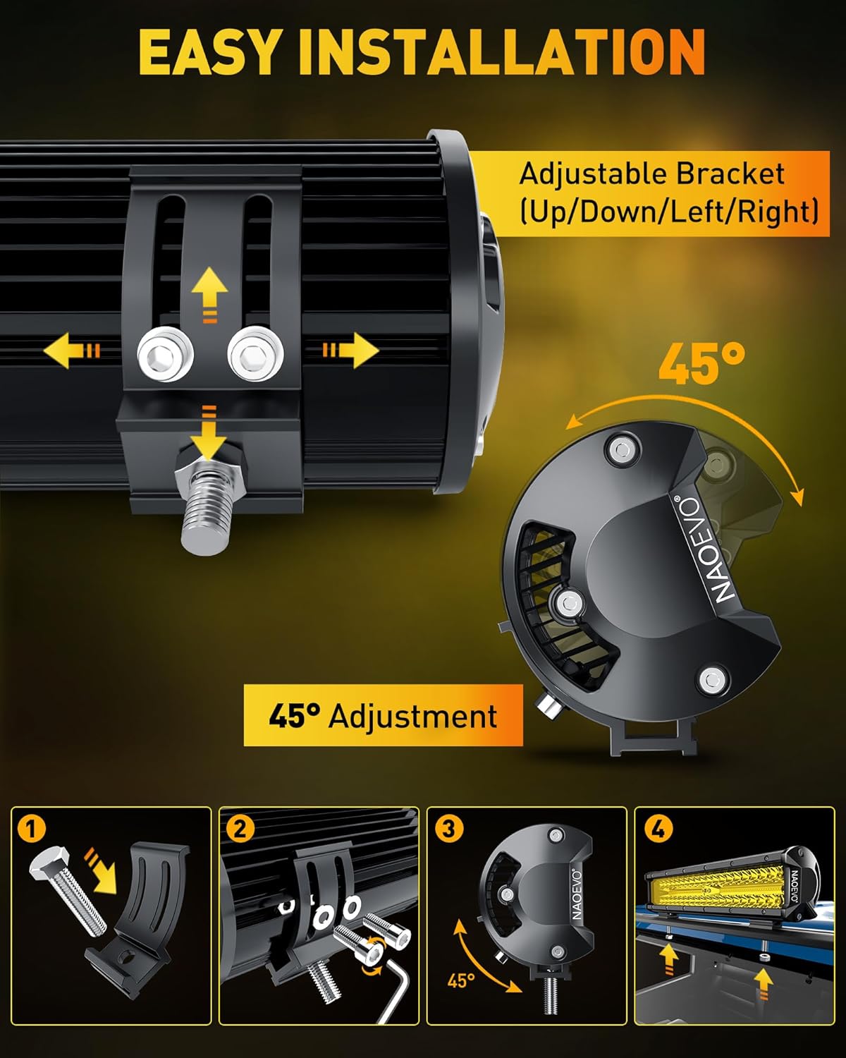 NAOEVO 12 Inch LED Light Bar, 300W 30000LM LED Offroad/Driving/Fog Lights with Wiring Harness Kit, Spot Flood Work Lights for Truck UTV ATV Golf Cart Boat, 1 Pc (Yellow)