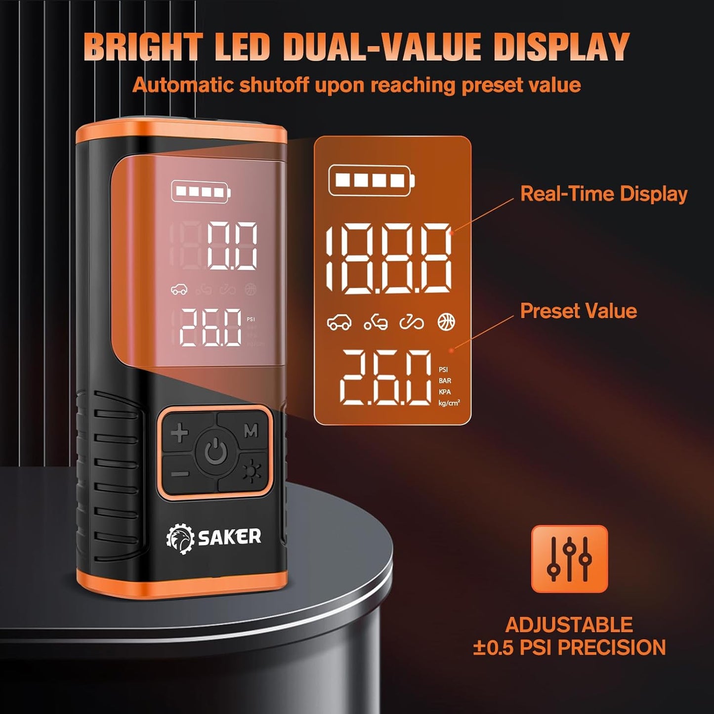 Saker Tire Inflator Portable Air Compressor - 150PSI Car Tires Air Pump with Tire Pressure Gauge Led Light, 7500mAh Battery & 12V DC Smart Tire Inflator for Car, Motorcycle, Bike Tire, Ball