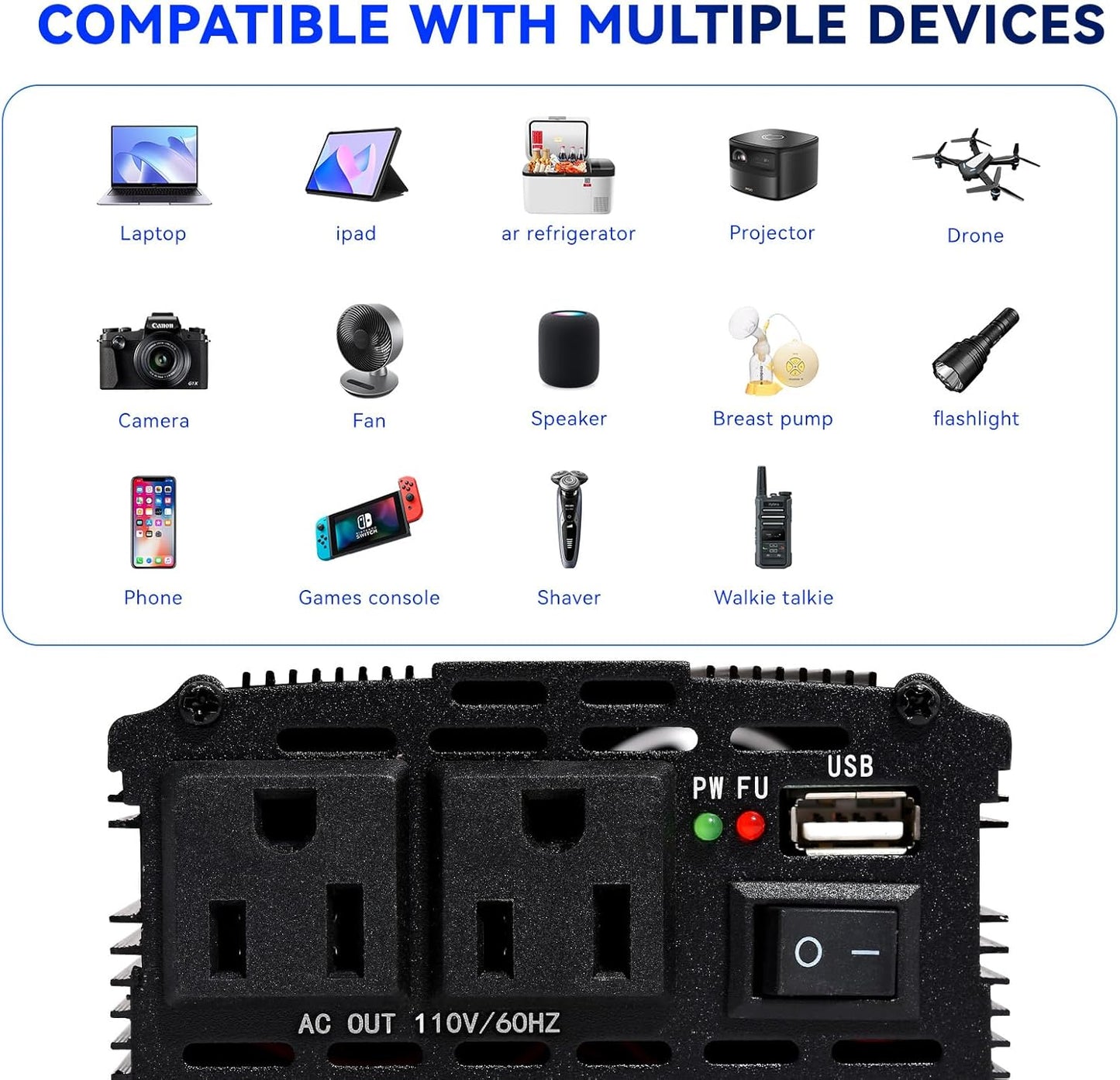 Power Inverter 2000W Car Power Inverters,12 Volt Inverter for Vehicles, 12V DC to 110V AC Car Plug Adapter Outlet Converter for Laptop Vehicles Camping Road Trip Essentials Adults