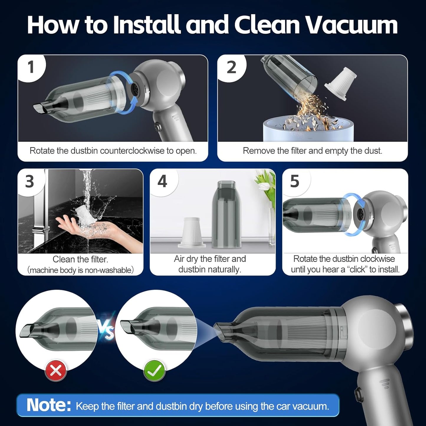 6 in 1 Car Vacuum Portable Cordless, 20000PA Mini Vacuum Cleaner High Power Brushless Motor, Handheld Vacuum Cordless Compressed Air Duster for Car, Home, Office