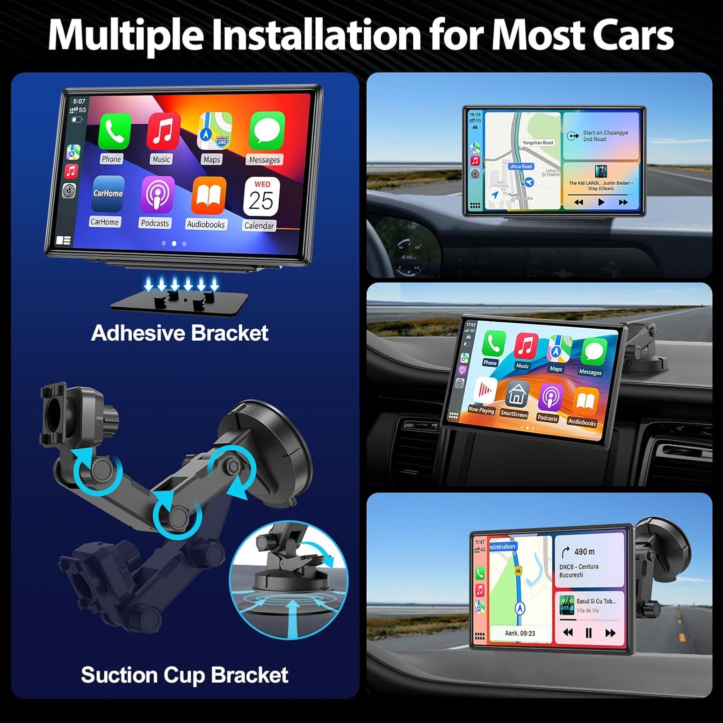 Wireless CarPlay Screen for Car - Portable Dash 9" HD IPS Screen with Strongest Suction Mount, Android Auto, GPS Navigation, Bluetooth Handsfree, Airplay, MirrorCast, Fit Most Cars