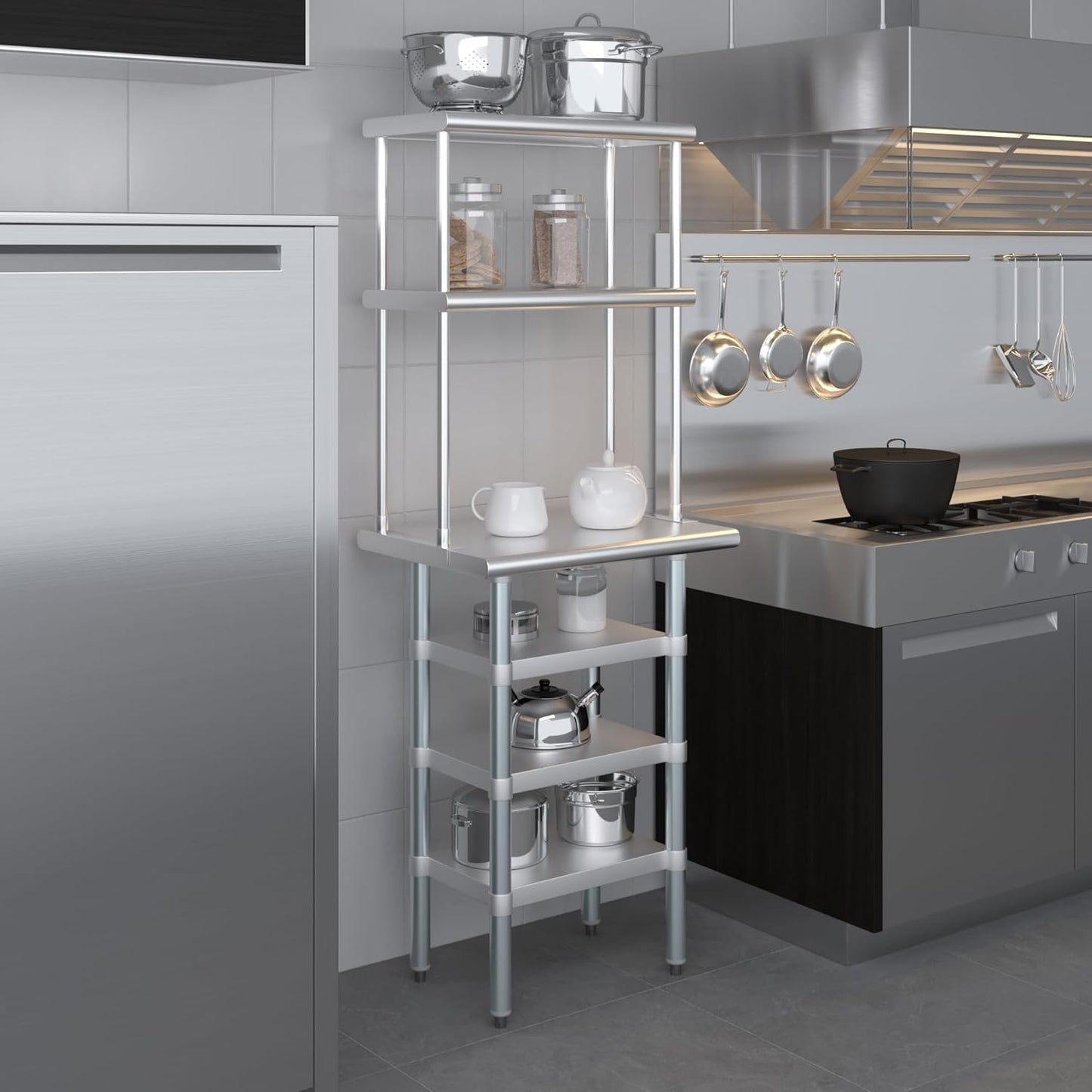 Amgood 18" x 24" Stainless Steel Work Table with 3 Shelves and 12" Wide Double Tier Overshelf | Metal Kitchen Prep Table & Shelving Combo | NSF