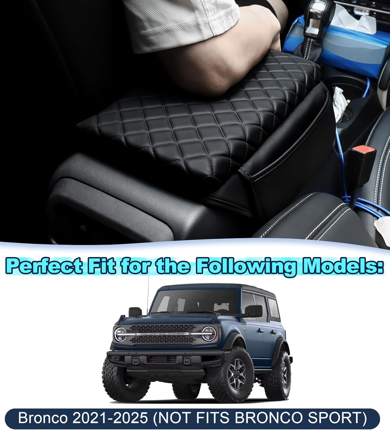 Armrest Cover for Ford Bronco 2021-2025 Center Console Pad with Organizer Storage Pockets, Black Faux Leather Arm Rest Lid Protector Cushion Interior Accessories 2/4 Door (for Bronco)