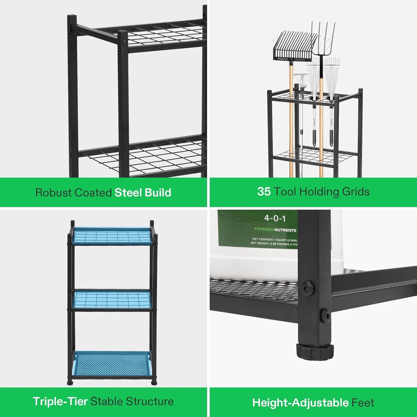 VIVOSUN Garden Tool Organizer, Heavy Duty Steel Tool Rack Tool Stand, Up to 35 Long-Handled Tools, Yard Tool Storage for Garage Shed Home and Outdoor, Medium, Anti-tipping Design