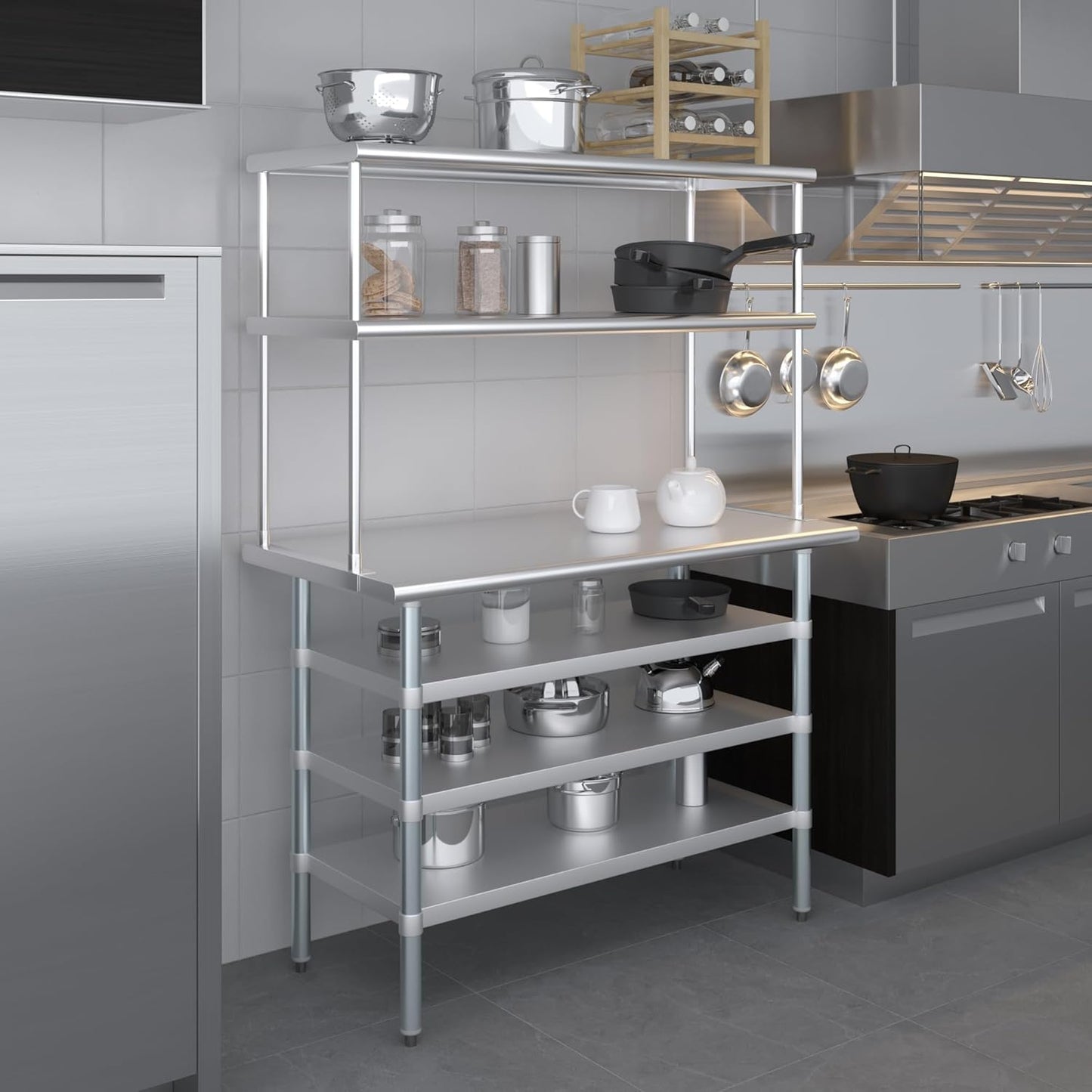 Amgood 24" x 48 Stainless Steel Work Table with 3 Shelves and 18" Wide Double Tier Overshelf | Metal Kitchen Prep Table & Shelving Combo | NSF