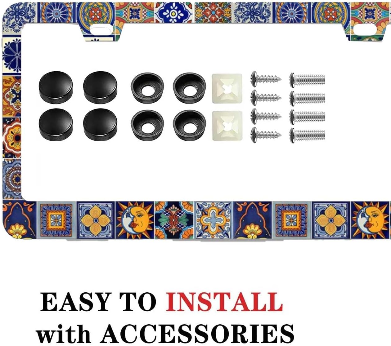 2Pack Mexican Tiles License Plate Frames Mandala Boho License Plate Frame Car Universal Aluminum Accessories Cars Decorative 2 Holes Screws Fits Standard US Vehicles Size 12.2 x 6 Inches