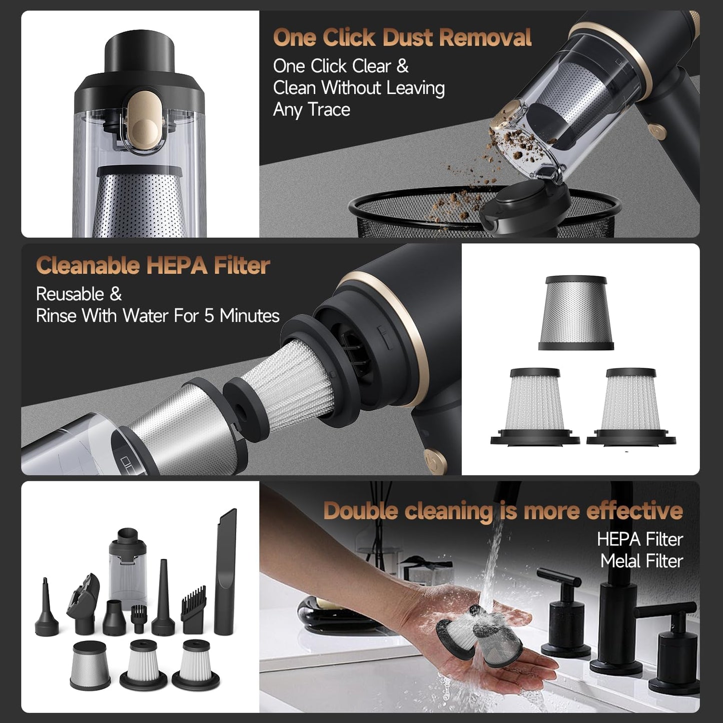 Car Vacuum Portable Cordless, Hand Vacuum with 16000PA High Power, 7 in 1 Mini Car Vacuum Cleaner with One-Click Empty, Dual Hepa Filter, LED Light, Type-C Charging Small Handheld Vac