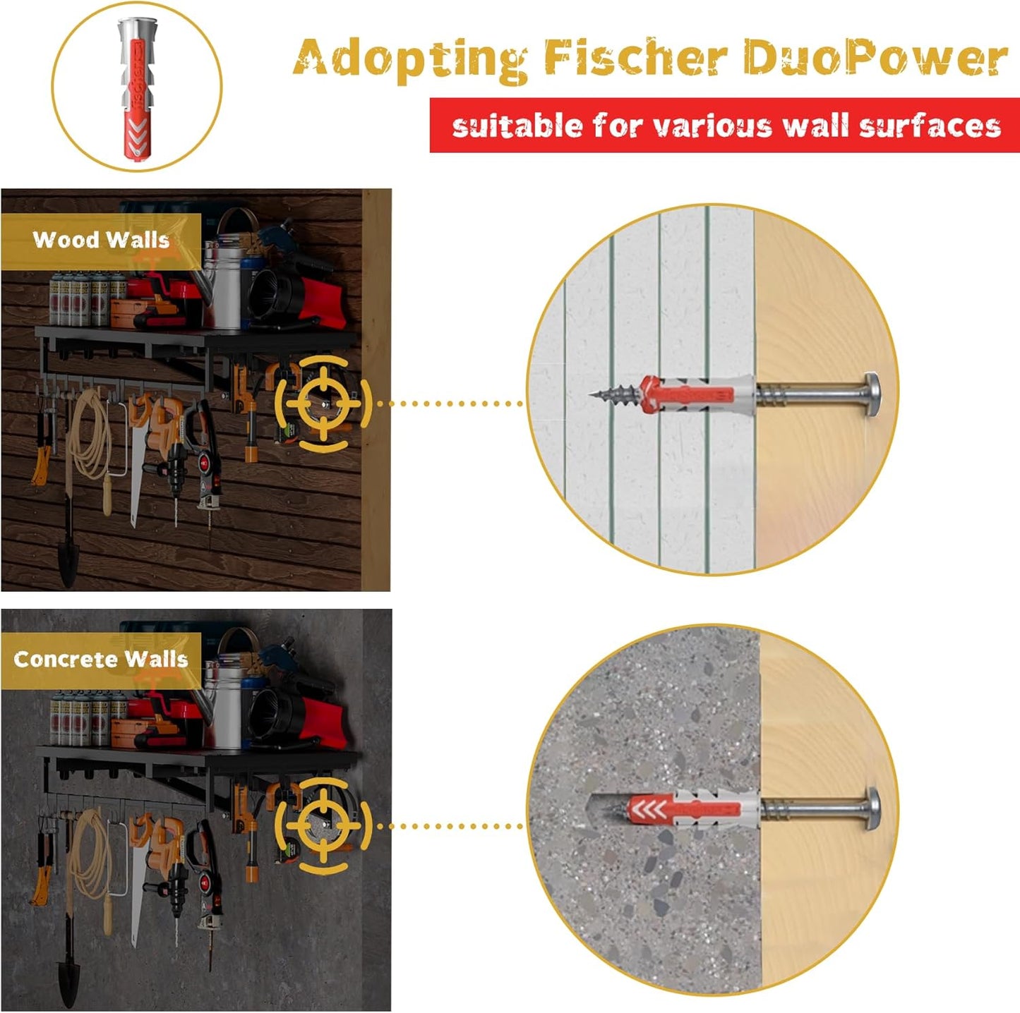 2pcs Garage Wall Shelving - 42in Extra Large Heavy Duty Floating Shelves with 30 Hooks, Load Capacity 1102 Lbs, Hanging Garage Storage Rack, Tool Hanger Organizer Utility Rack, For Home, Workshop