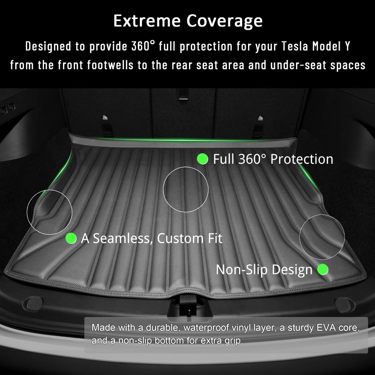 Floor Mats for Tesla Model Y(2021-2025) Custom Fit All Weather Cargo Liner Cargo Trunk,Full 360° Cabin Protection,GapZero Fit with TrackGuard Rail Protection (Does NOT fit 7-Seat & Juniper)