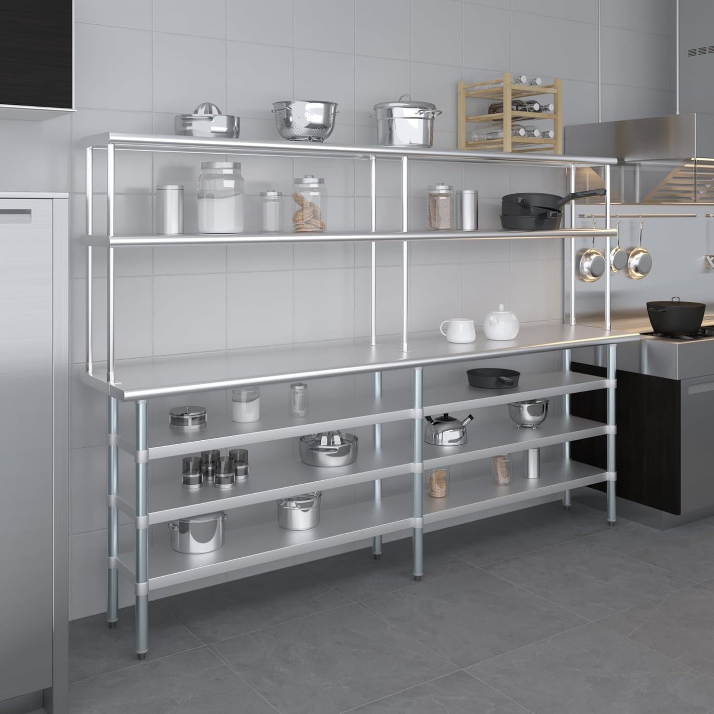 Amgood 18" x 96" Stainless Steel Work Table with 3 Shelves and 12" Wide Double Tier Overshelf | Metal Kitchen Prep Table & Shelving Combo | NSF