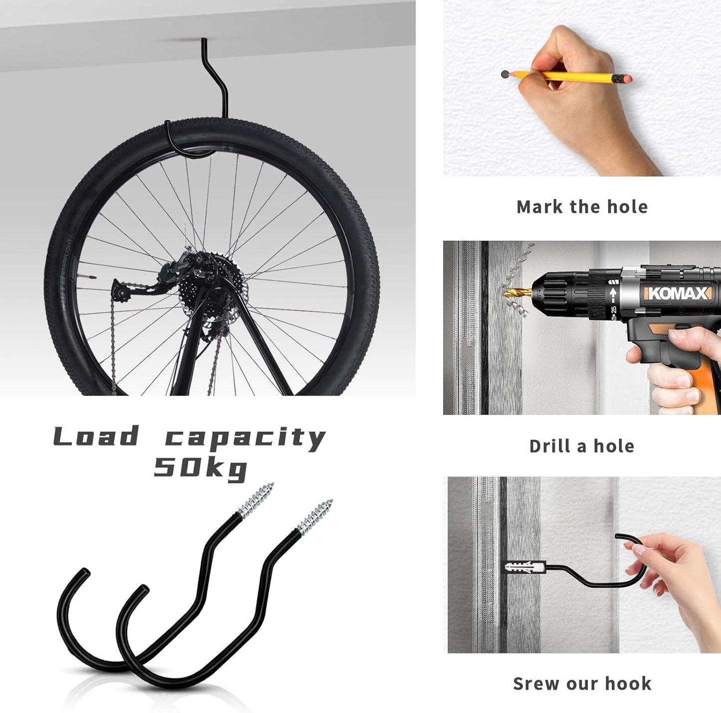 Bike Hooks Heavry Duty 6-Pack,Bicycle Storage Hanger Screw in Ceiling Hooks,Utility Hooks for Wall,Garage,Garden Organization and Storage,Fits Hanging All Bike Types,Bicycle Storage Hooks