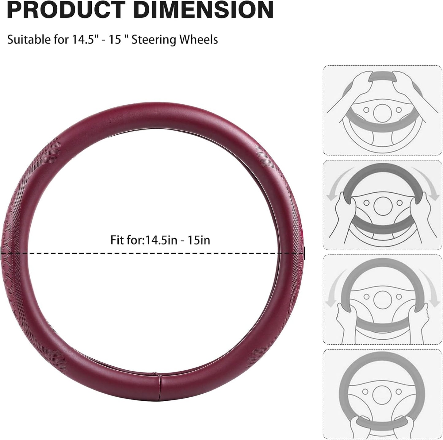 【2025 Model】 High-Grade Real Cowhide Steering Wheel Cover for Men Women,Wine Red Genuine Leather Steering Wheel Cover for Cars,Universal 14.5-15 inch Steering Wheels,Grid & Square Motif