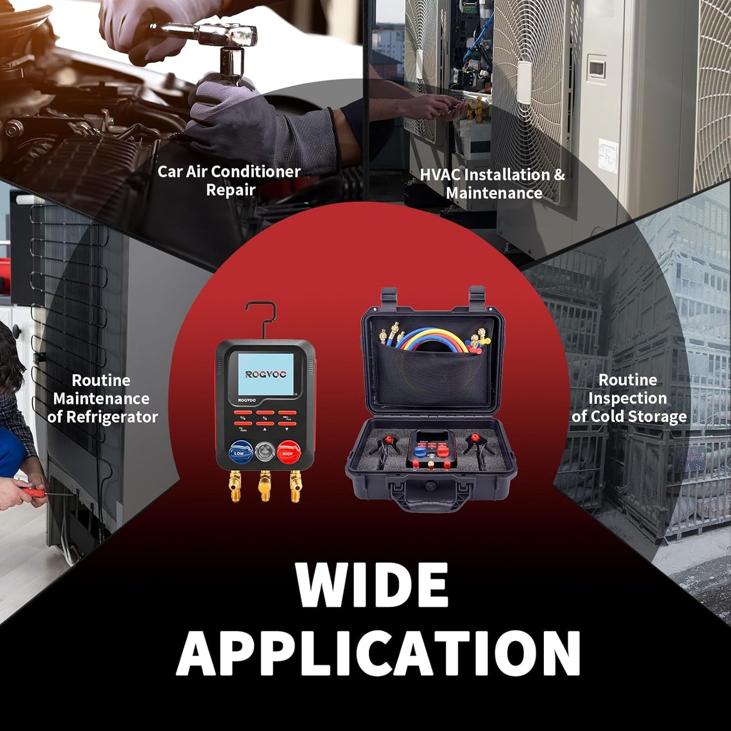 Digital Manifold Gauge, HVAC Refrigerants Digital AC Gauges Set with 2 Thermometer Clamps and 3 Hoses, for R22/R410A/R134A/1234YF Refrigerant Recharge Kit, Black
