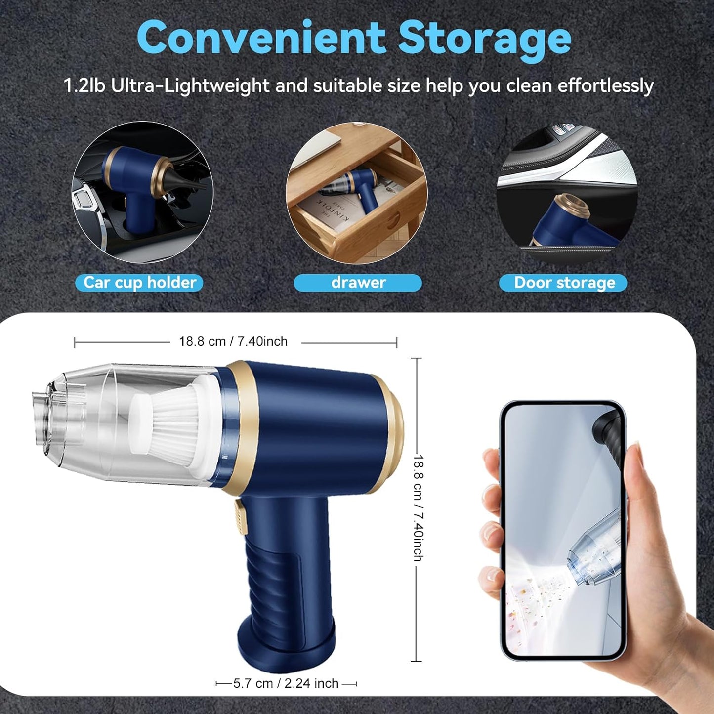 Mini Car Vacuum Portable Cordless Handheld Vacuum Cleaner and Air Duster 2 in 1 with Multi-Nozzles for Car, Computer, Sofa, Office, Pet, Home (Blue and Gold)