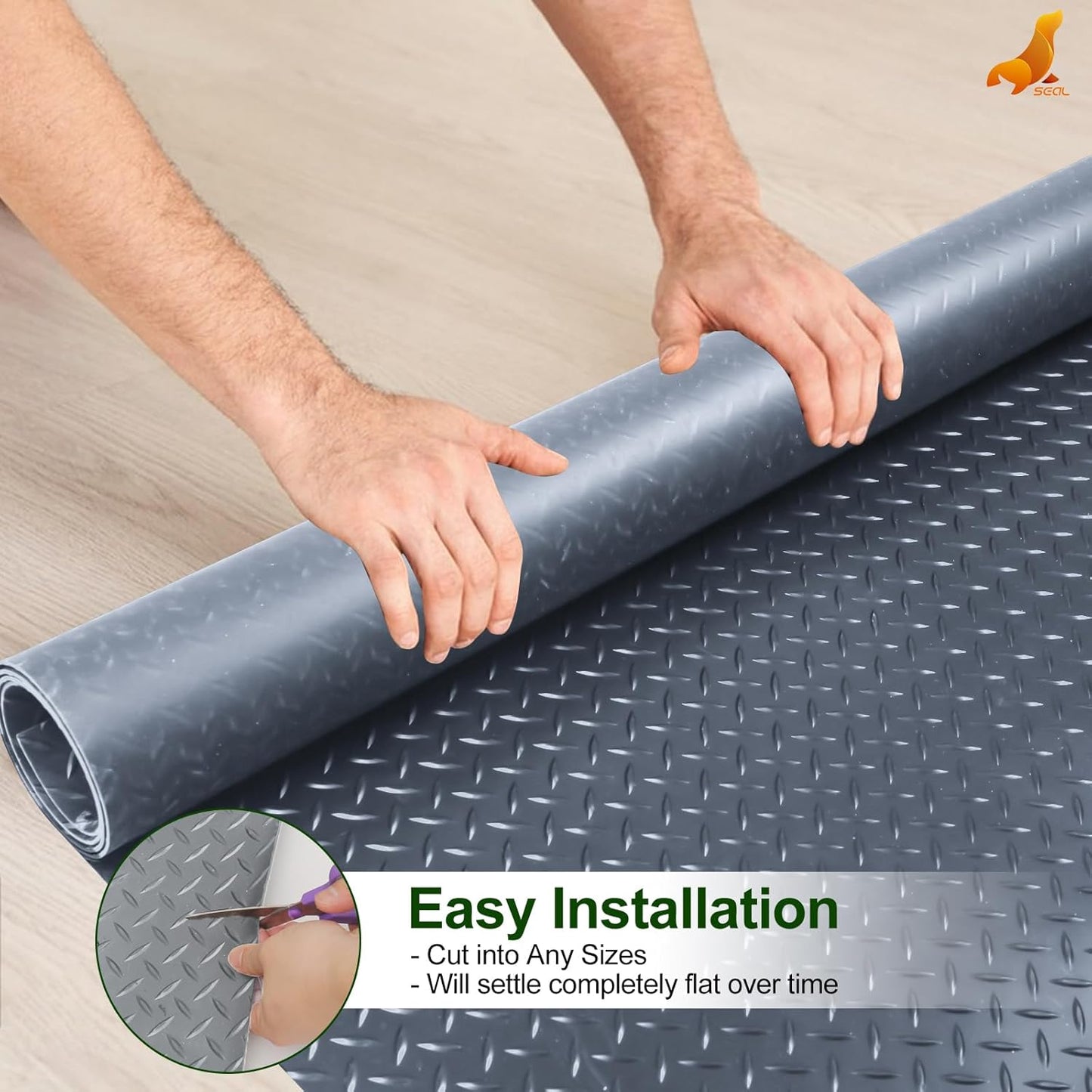 SEAL 5 x 15 Ft Premium Garage Floor Mat, Solid 2.8mm Thick Gray Commercial Grade Heavy Duty Parking Mat for Garage Floor, Golf Cart Parking, Water/Stain Resistant Floor Runner (Embossed Diamond Plate)