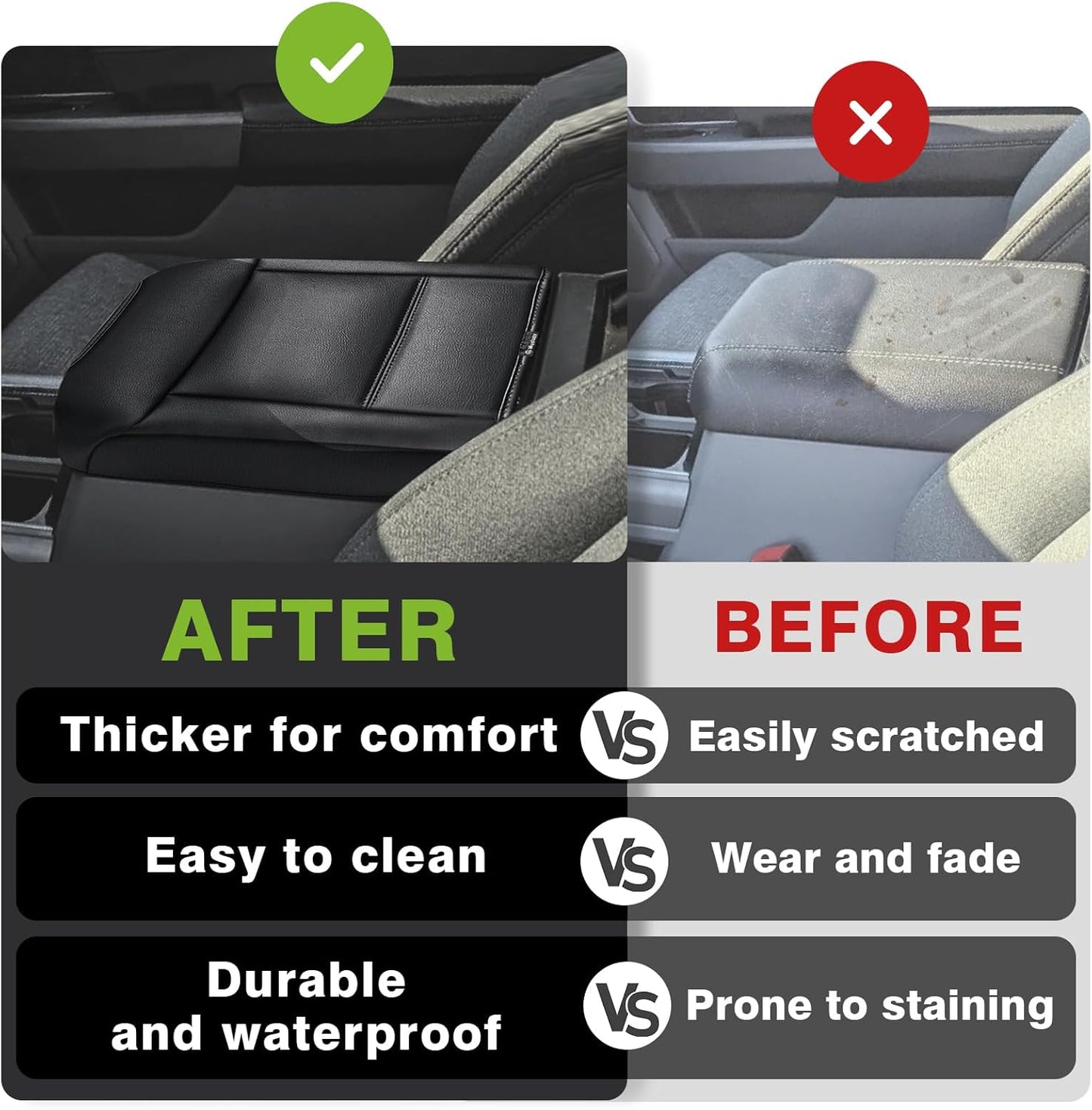 Muslogy Center Console Armrest Cover Compatible with Ford F250 F350 F450 2023 2024 2025 Super Duty Comfort Armrest Pad Arm Rest Cushion Vegan Leather Protector Regular Thick(Bucket Seat ONLY)