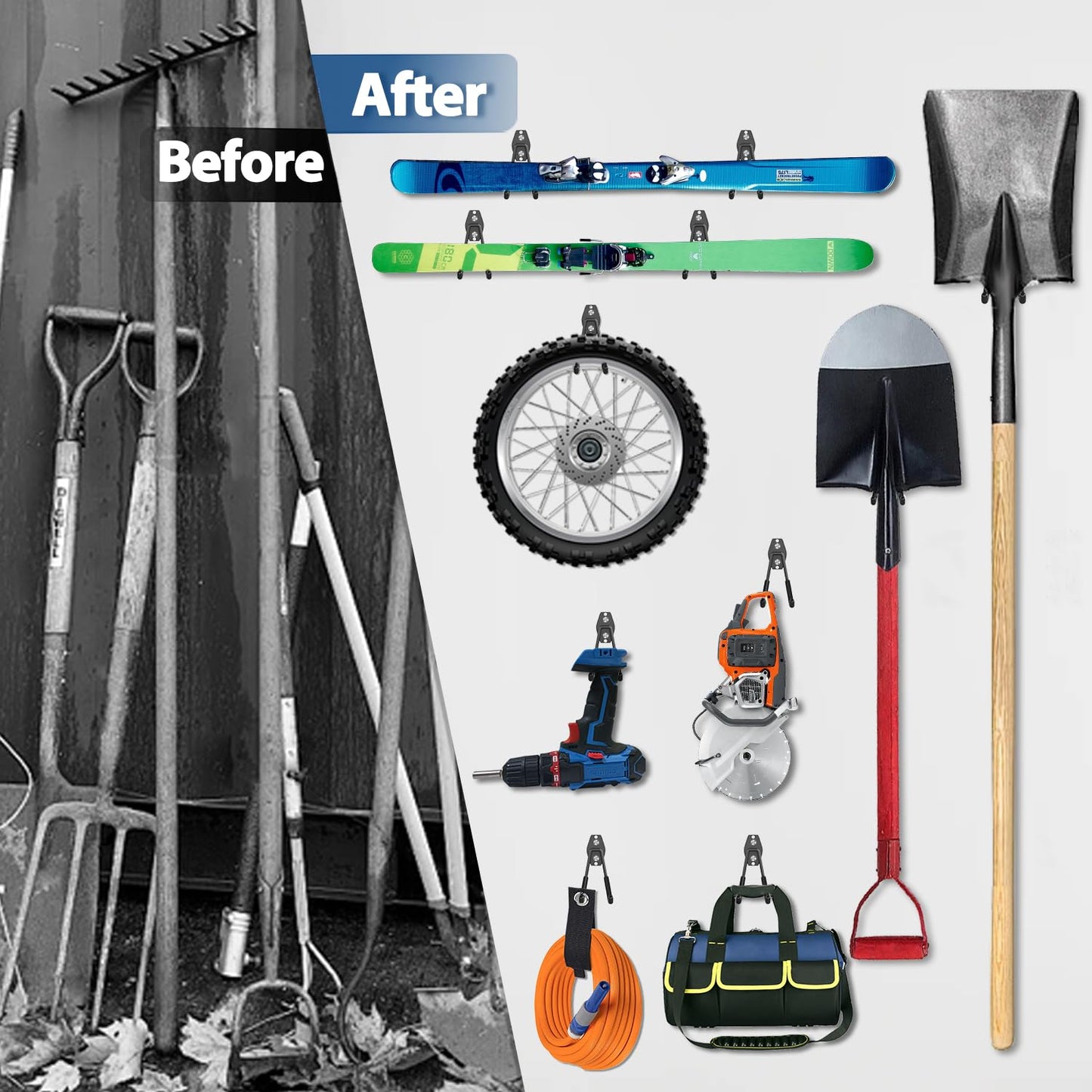 3-H Garage Wall Hooks 28 Pack, Garage Hooks Heavy Duty with Extra Welding Spots, Wall Mount Storage Organizer for Hanging Garden Lawn Tools, Ladder, Bike, WeedEater, Chair, Shovel, Blower (Black)