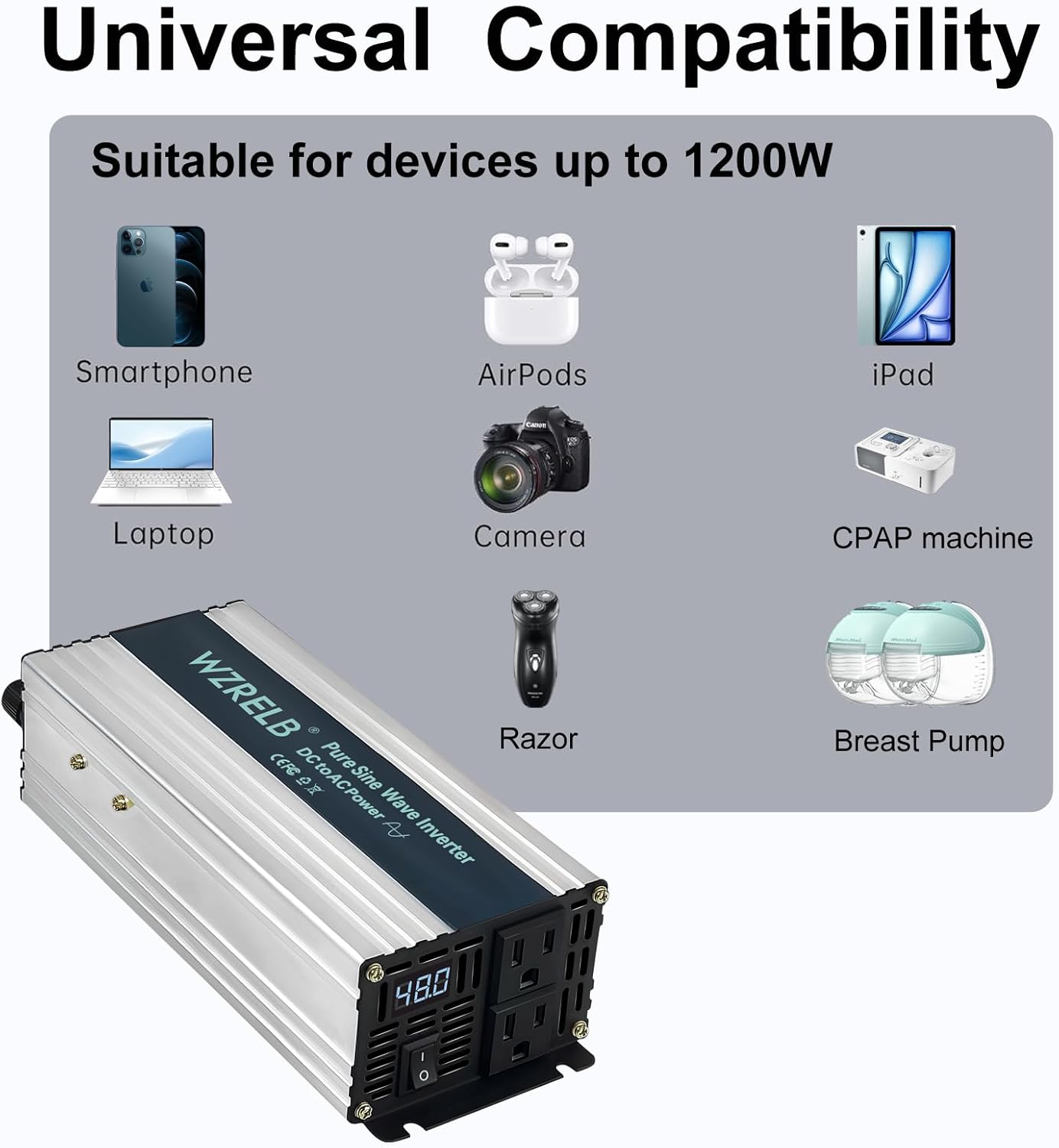 WZRELB 1200W Pure Sine Wave Inverter 48V DC to 110V 120V AC Power Converter with LED Display, Off-Grid Portable Power Inverter with 2 AC Outlets for Home, RV, Truck, Camping