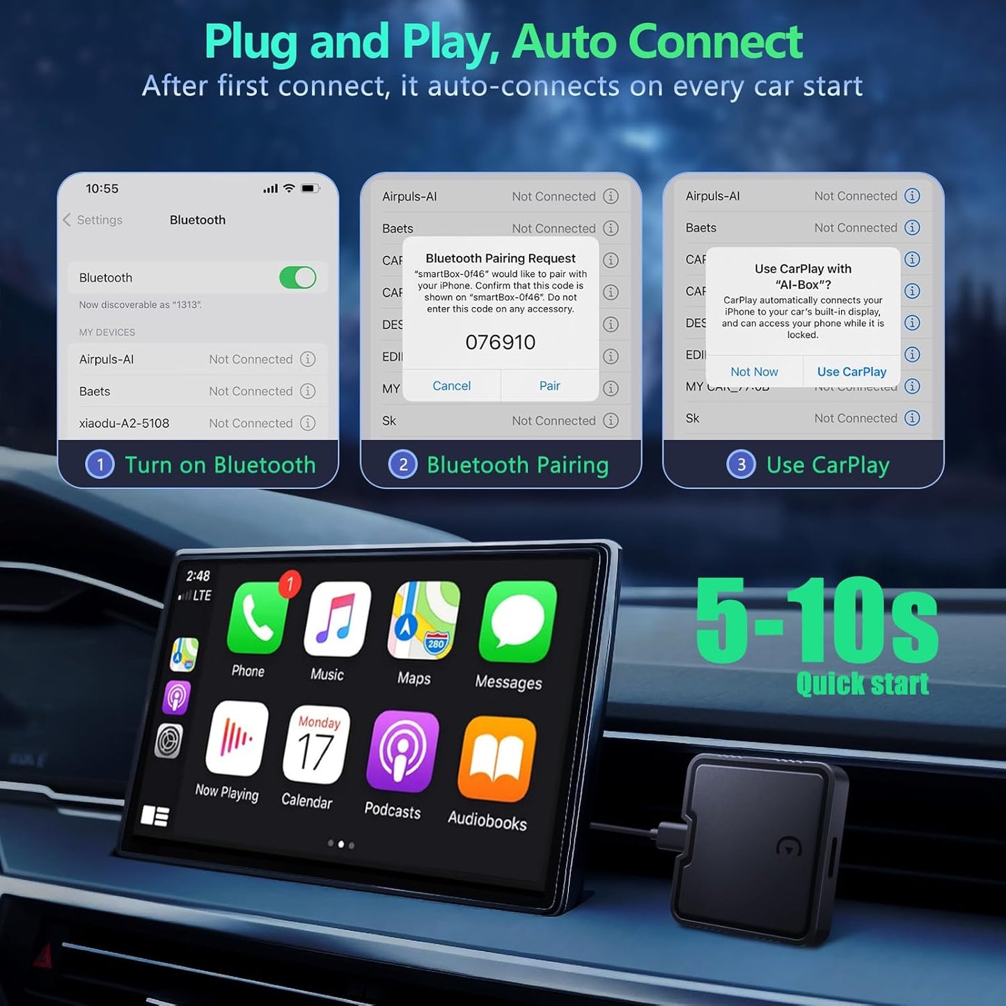 Wireless Carplay Adapter with Netflix YouTube TF Card Plug & Play, Wireless AI Box Car Play Adapter & Android Auto Dongle Easy to Setup, Fits for OEM Wired CarPlay Cars