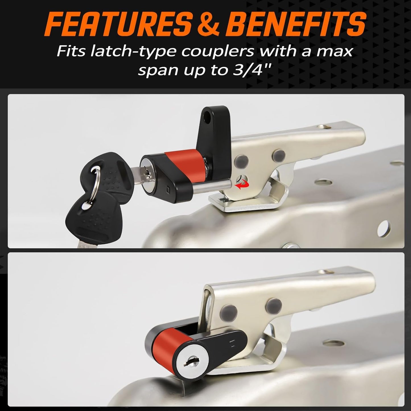 METOWARE Keyed Alike Trailer Coupler Lock, 1/4” Dia, 3/4” Span Heavy-Duty Steel Trailer Tongue Lock for Tow Boat RV Truck Car's Coupler with Anti-Rattle Rubber Rings (4 Pack)