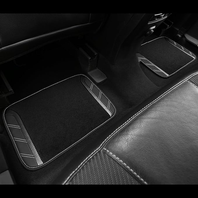 CAR PASS Leather Steering Wheel Cover and Waterproof Car Floor Mats,Microfiber Universal Car Combo Fit for 95% Sedan,SUV,Cars,14.5-15inch Sporty Anti-Slip Safety Comfortable Design(Carbon Fiber Black)