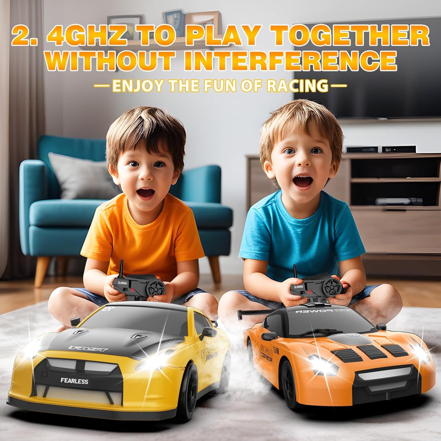 RC Drift Car 1/24 2.4GHz 4WD Remote Control Car, High Speed Drifting RC Cars with LED Lights, 2 Rechargeable Batteries and Drift Tires Racing Toy Cars for Kids (Yellow)