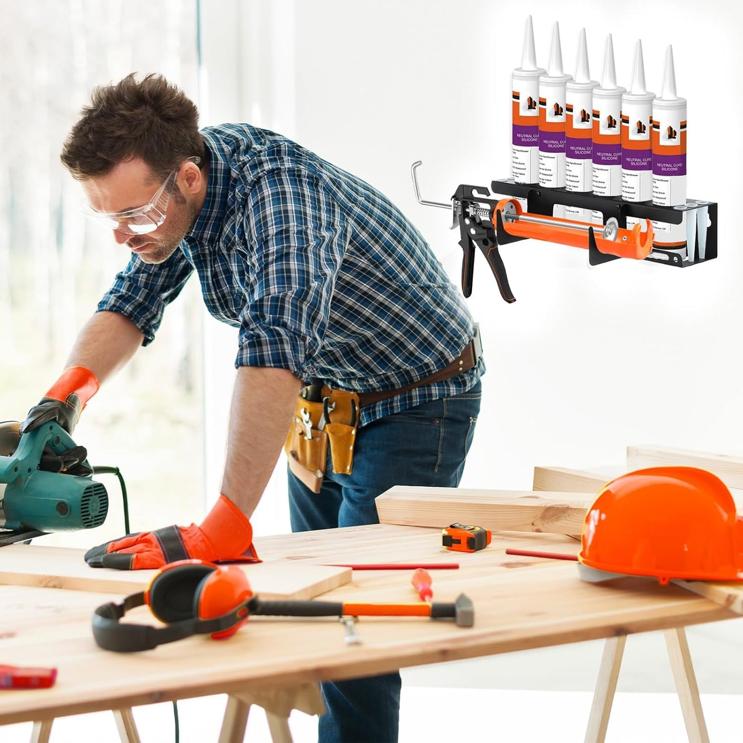 Siligun Caulking Gun Rack, Grease Gun Holder, Wall Mount Silicone Caulking Tools, Work Van Organizers And Storage Tube For Workshop Holds 6 Caulking Tubes And Caulking Nozzle (Black)