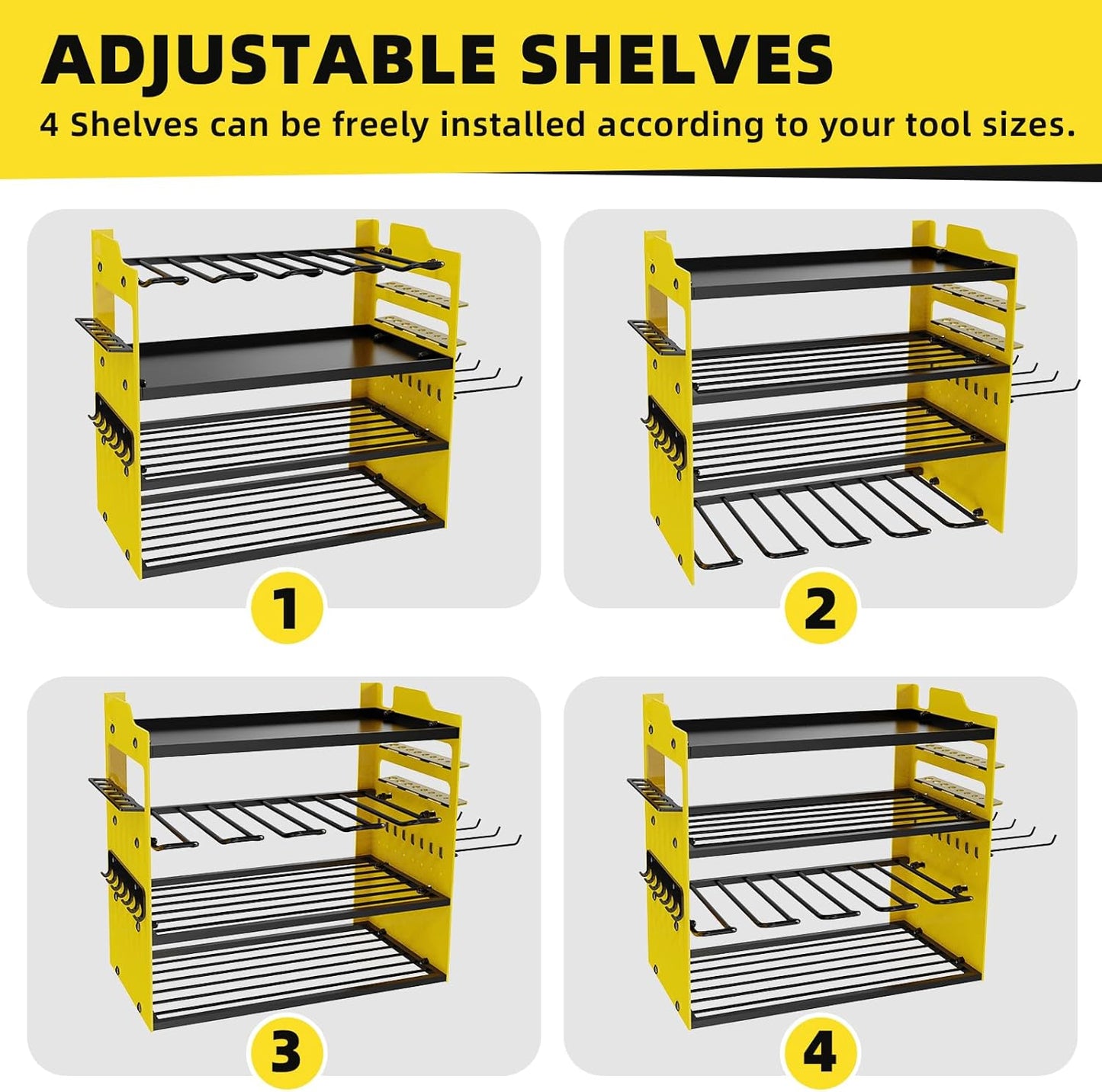 Power Tool Organizer Wall Mount with 4-Drill Holders-400Lbs Load Heavy Duty Metal 4-Layers Garage Storage and Organization Adjustable Battery Tools Rack Utility Racks Gifts for Men