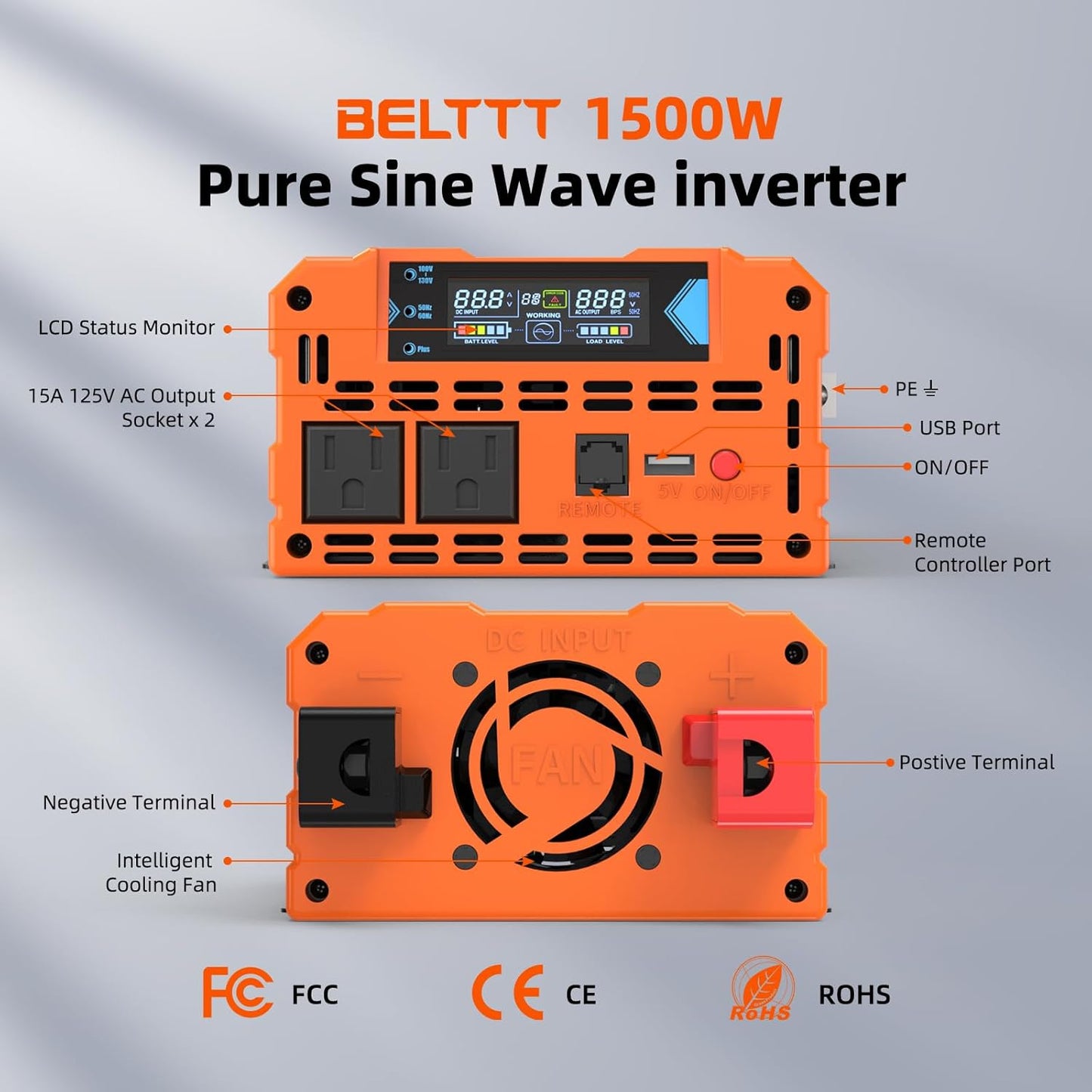 BELTTT 1500W Pure Sine Wave Inverter 12V to 120V AC, Car Power Inverter 12V to 110V Converter for RV, Truck, Solar, Off-Grid with Dual AC Socket, 5V 2.1A USB, Surge 3000W, Smart LCD Display