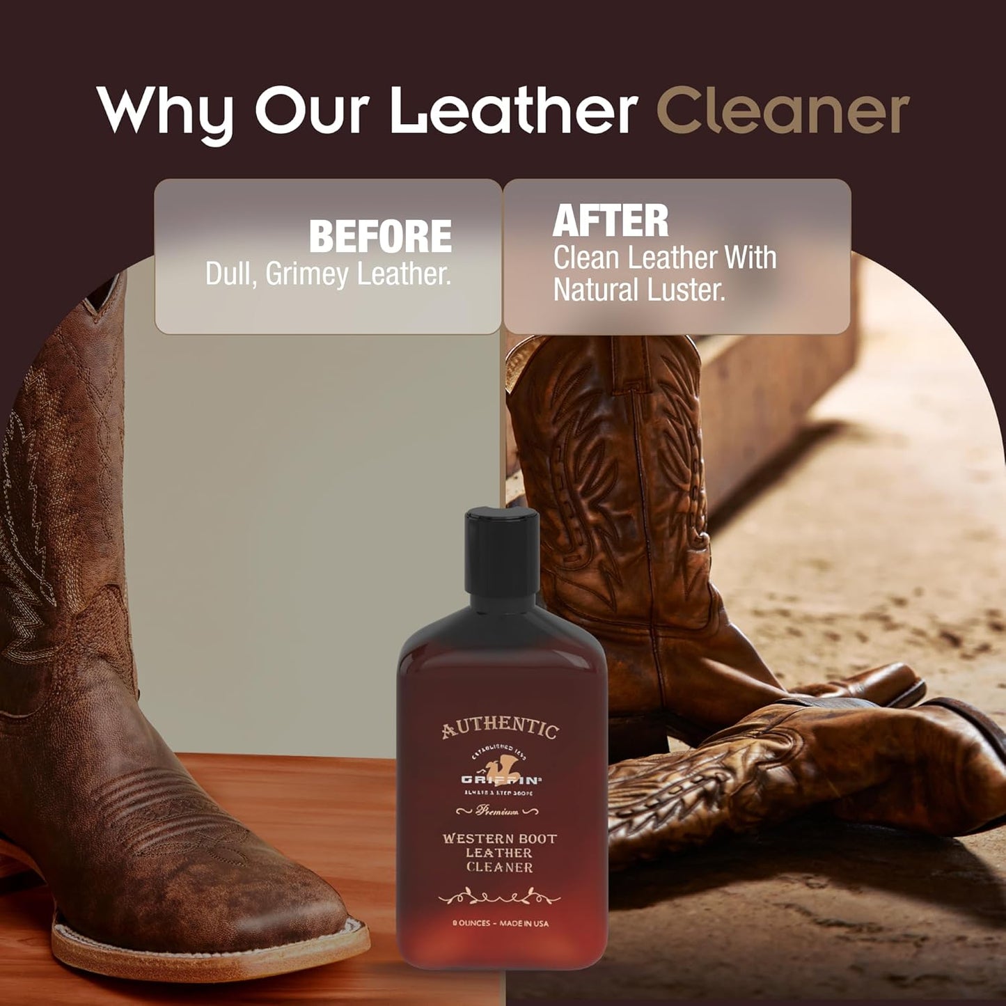 Griffin Boot Care Leather Cleaner – 8 oz – Gently Cleans Footwear, Apparel & Interiors – Non-Toxic, Non-Darkening, Made in USA – Leather Cleaner for Cowboy Boots, Furniture, Cars & More