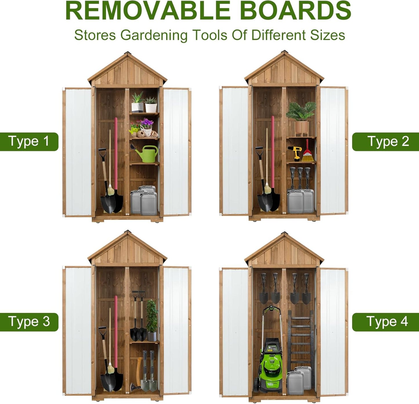 Wood & Metal Outdoor Storage Cabinet with Waterproof Roof, Garden Tool Shed with 6 T-Hinge, 4 Reinforced feet with Metal Brackets and 6 Adjustable feet, 3 Removable Shelves, 13.2X 31x 67IN