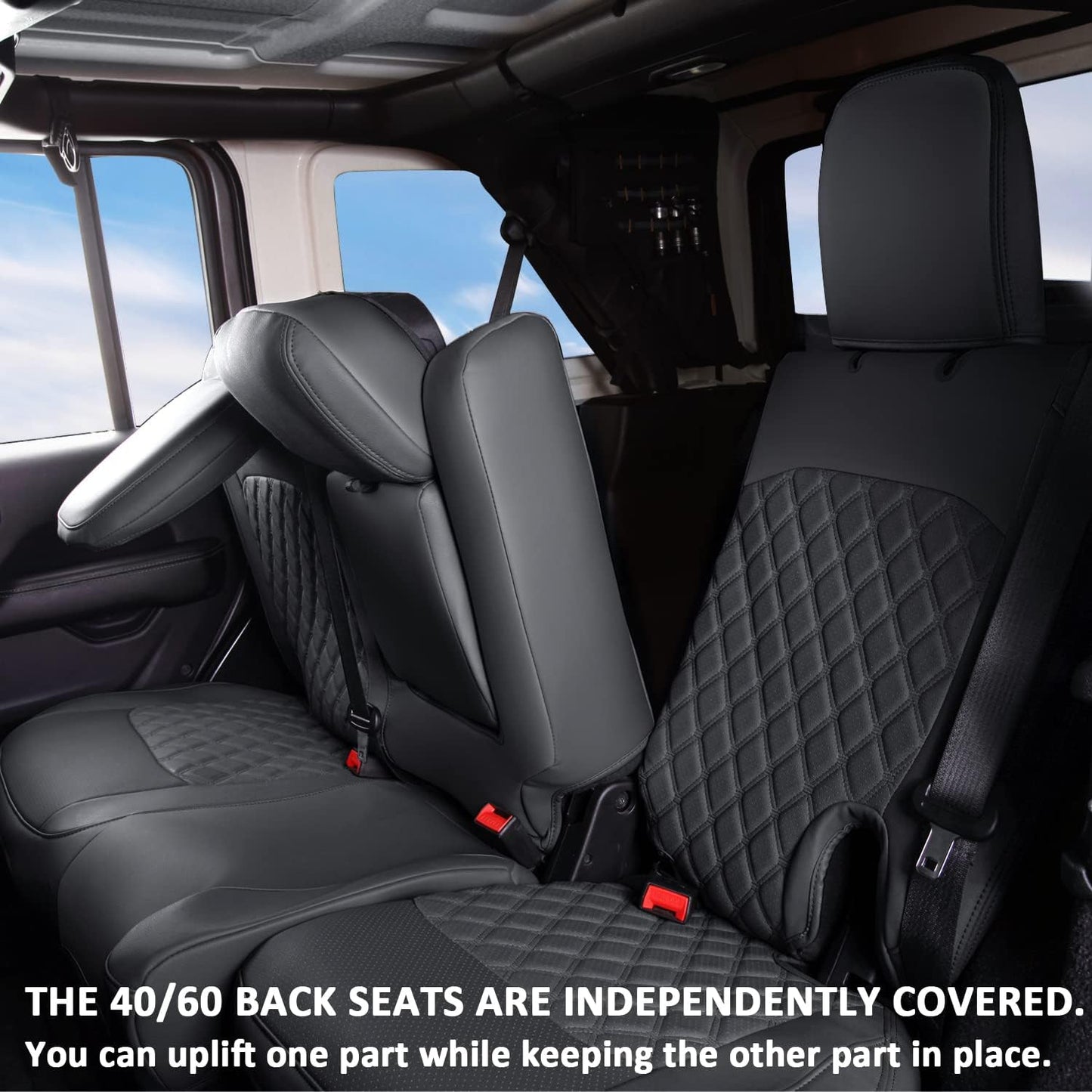 GIANT PANDA Customized Full Set Car Seat Covers for Jeep Wrangler 4 Door JL Sahara Altitude Rubicon 392 Unlimited 2018 2019 2020 2021 2022 2023 2024 2025 with Rear Cup Holder,Faux Leather - (Black)