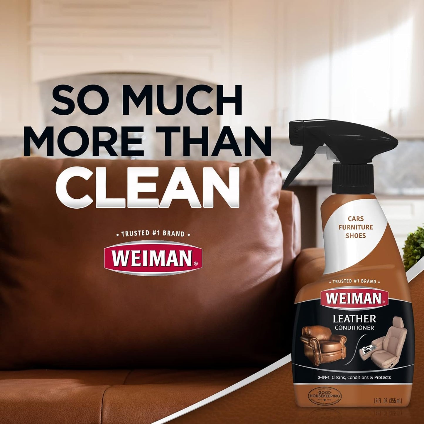 Weiman Leather Cleaner, Polish and Conditioner for Furniture, Car, Purses, Shoes, Boots and Couches- Micro Fiber Towel Included, 22oz