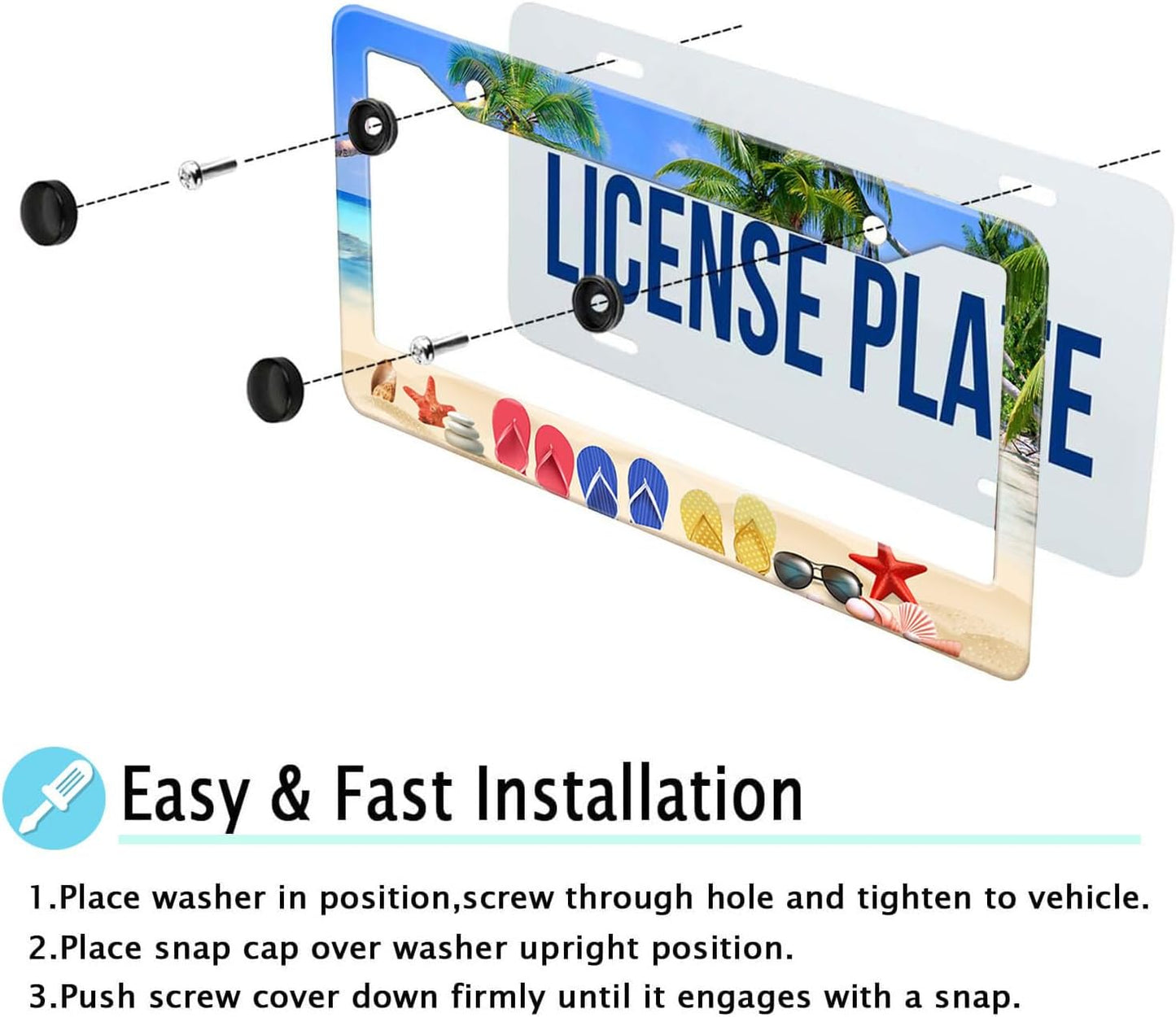 Beach Flip Flops License Plate Frame, Ocean Beach Vacation Scene License Plate Hloder Covers, Metal Aluminum Rustproof Car Accessories for Women Men 2 Holes with Screw Caps