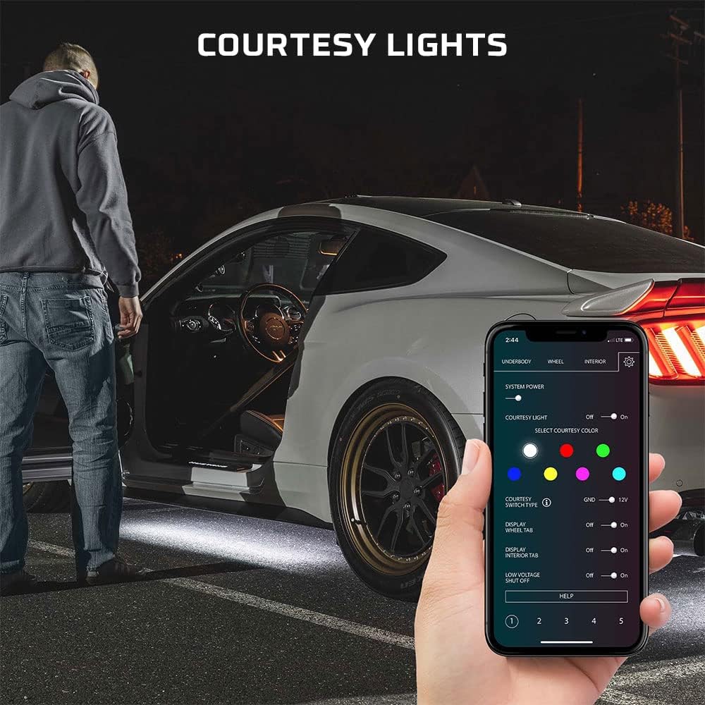 LEDGlow 4pc Bluetooth Million Color LED Underbody Underglow Accent Neon Lighting Kit for Cars - Smartphone App - Courtesy Lights - Create Any Color - 16 Modes - Water Resistant Tubes - Control Box