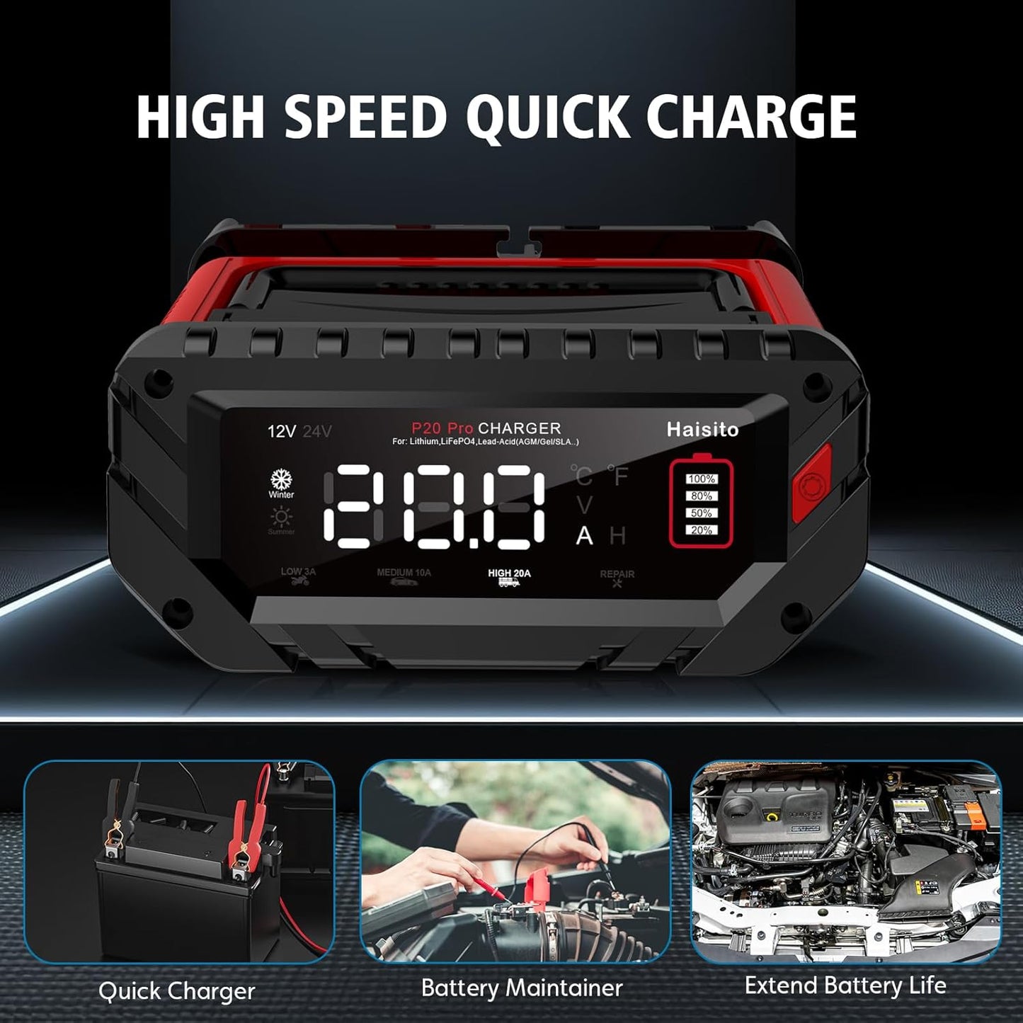 Haisito 20 Amp Lithium Battery Charger, 12V and 24V Lifepo4,Lead-Acid(AGM/Gel/SLA..) Portable Car Battery Charger,Battery Maintainer, Trickle Charger, and Battery Desulfator for Car,Boat, H-20-PRO