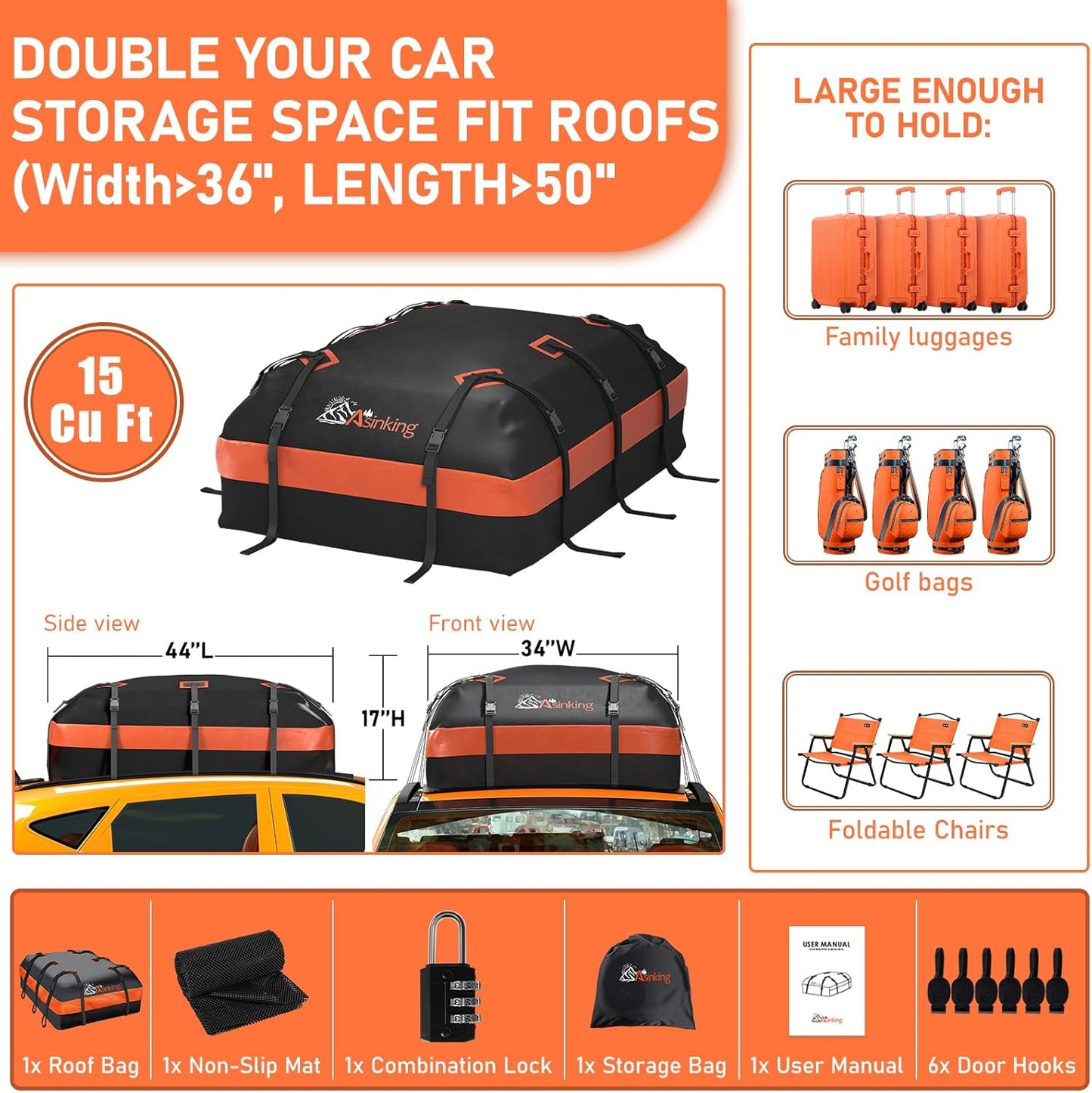 Asinking Car Roof Bag Rooftop top Cargo Carrier Bag 15 Cubic feet Waterproof for All Cars with/Without Rack, Includes Anti-Slip Mat, 10 Reinforced Straps, 6 Door Hooks, Luggage Lock