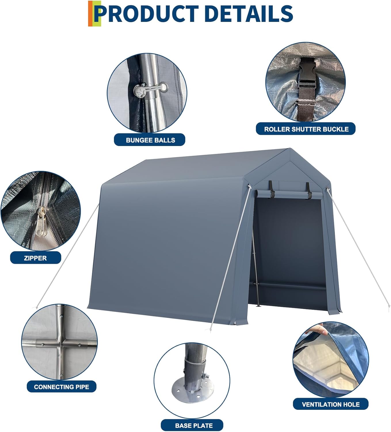 7*12F Outdoor Storage Shed with Floor, Heavy Duty Waterproof PE Tarp, Portable Metal Carport Garage Tent, 2 Roll-Up Doors & Vents, for Motorcycle and Bike Storage, Garden Tool Shed, Small Outdoor Shed