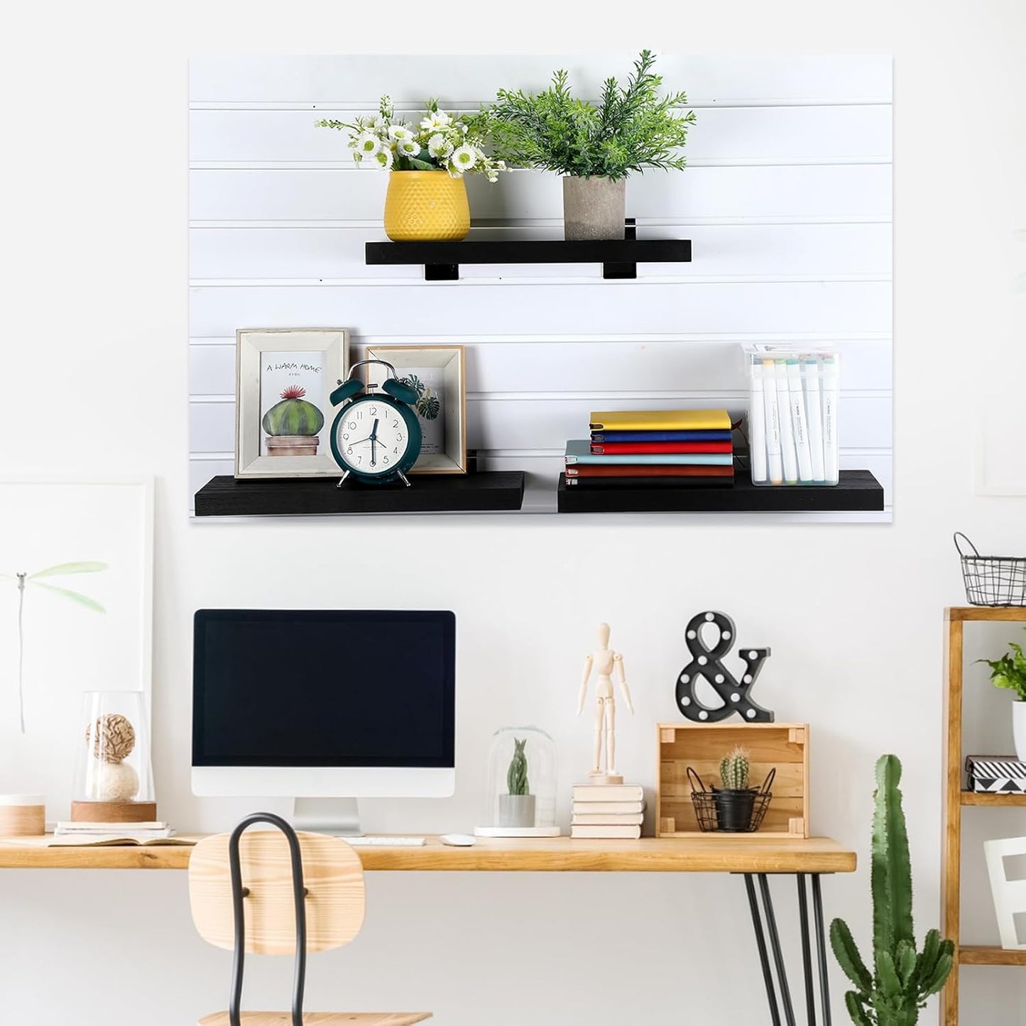 4 Pack Wooden Slatwall Shelf, 16.1" D x 6.7" W x 1.1" H Slatwall Shelves with Metal Hooks Organizer Set Mounted Accessories for Garage Home Workshop Workbench