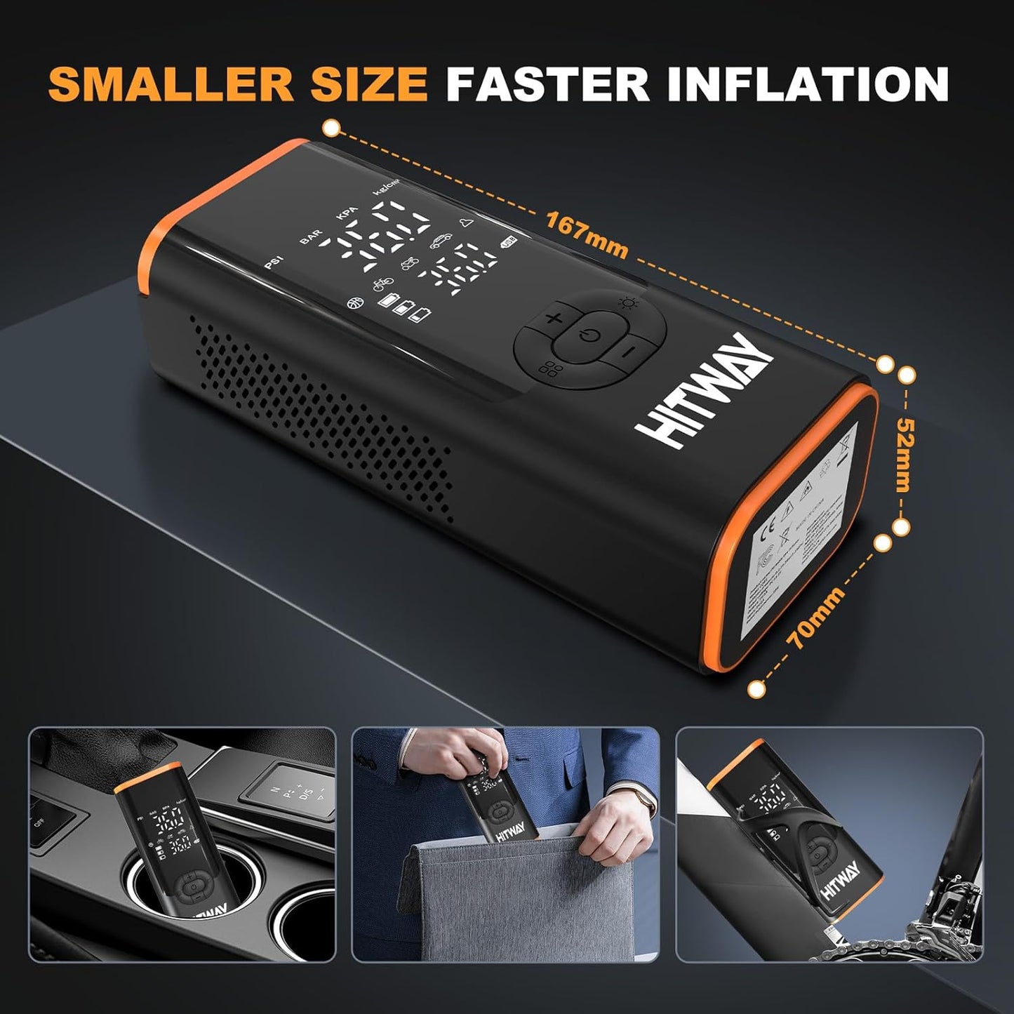 HITWAY Portable Electric Inflator Pump Supports up to 150PSI, fast inflation, suitable for car, motorcycle, bicycle tires and sports equipment, LCD display screen, USB charging, built-in LED light