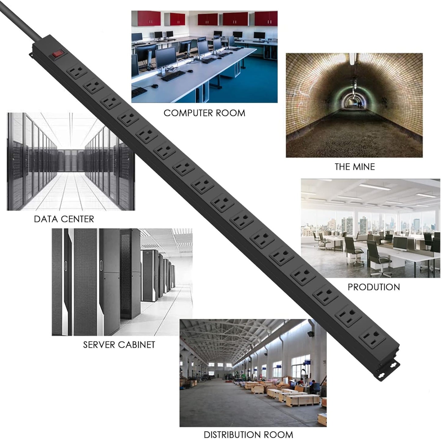 HHSOET 16-Outlet Metal Wall Mount Power Strip, 15 ft 14AWG Power Cord, 15A 125V 1875W, Black