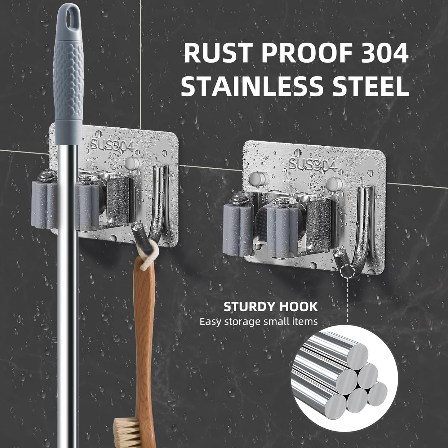 Broom Holder Wall Mount with Screws (4 Pack) Broom and Mop Organizer Wall Hanging, Anti-Slip Mop Holder Broom Hanger with Hooks, Stainless Steel Tool Rack for Garden Garage Organization