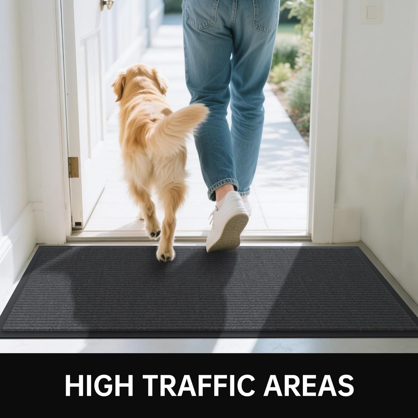 Front Door Mat, 4' x 8' Heavy Duty Indoor Outdoor Door Mat for Entryway, Commercial Door Mats Entrance, Low Profile Welcome Mats Non-Slip, Durable Rubber Backing Entry Mat for Patio, Home