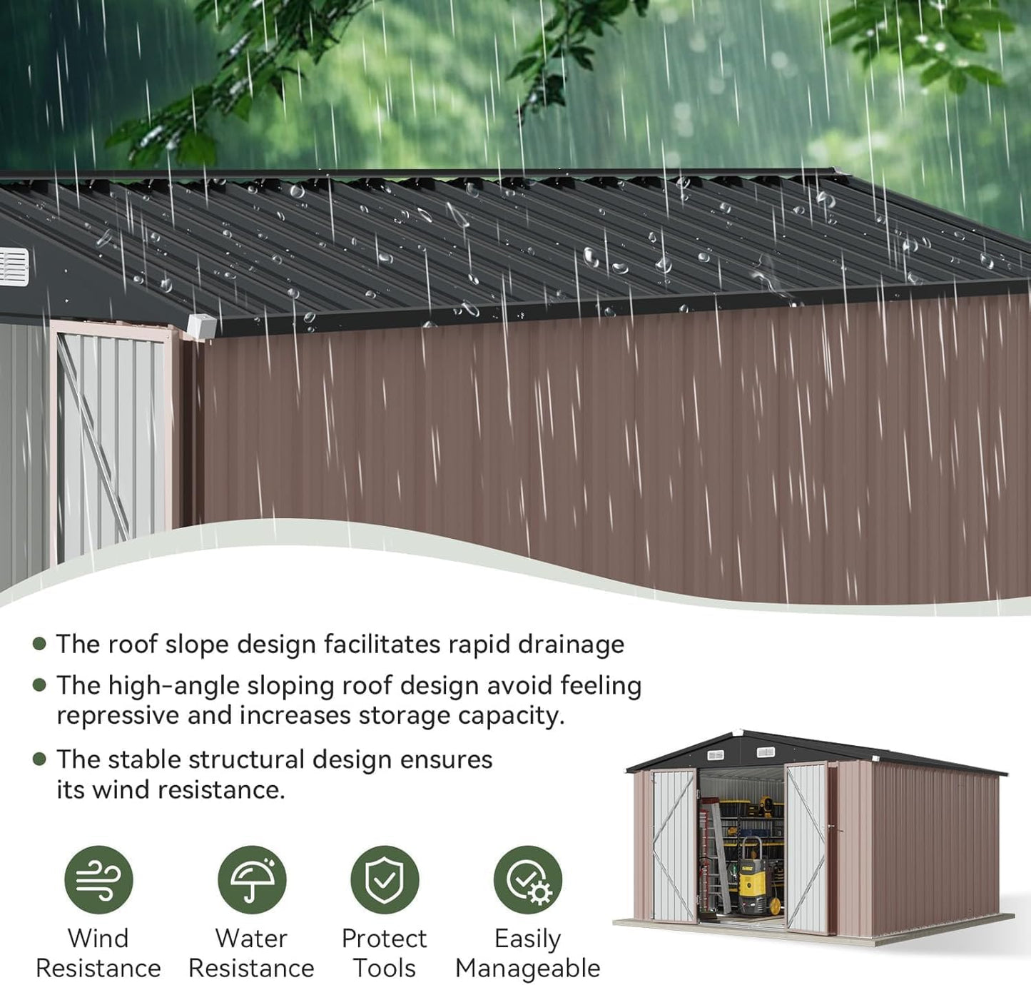 Aoxun 10x10 FT Shed Outdoor Storage Shed with Base, Large Shed Steel Utility Tool Shed Storage House with Door & Lock, Metal Sheds with Sloped Roof for Garden Patio Lawn Poolside, Brown